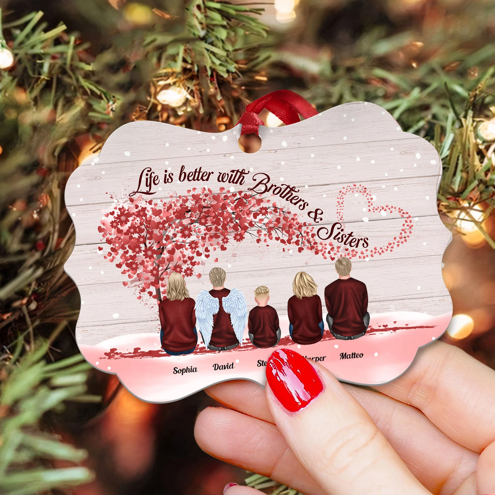 Life Is Better With Brothers & Sisters - Sitting Family - Red Tree - Personalized Aluminum Ornament - Christmas, New Year Gift For Family, Sisters, Brothers, Siblings - Image 3