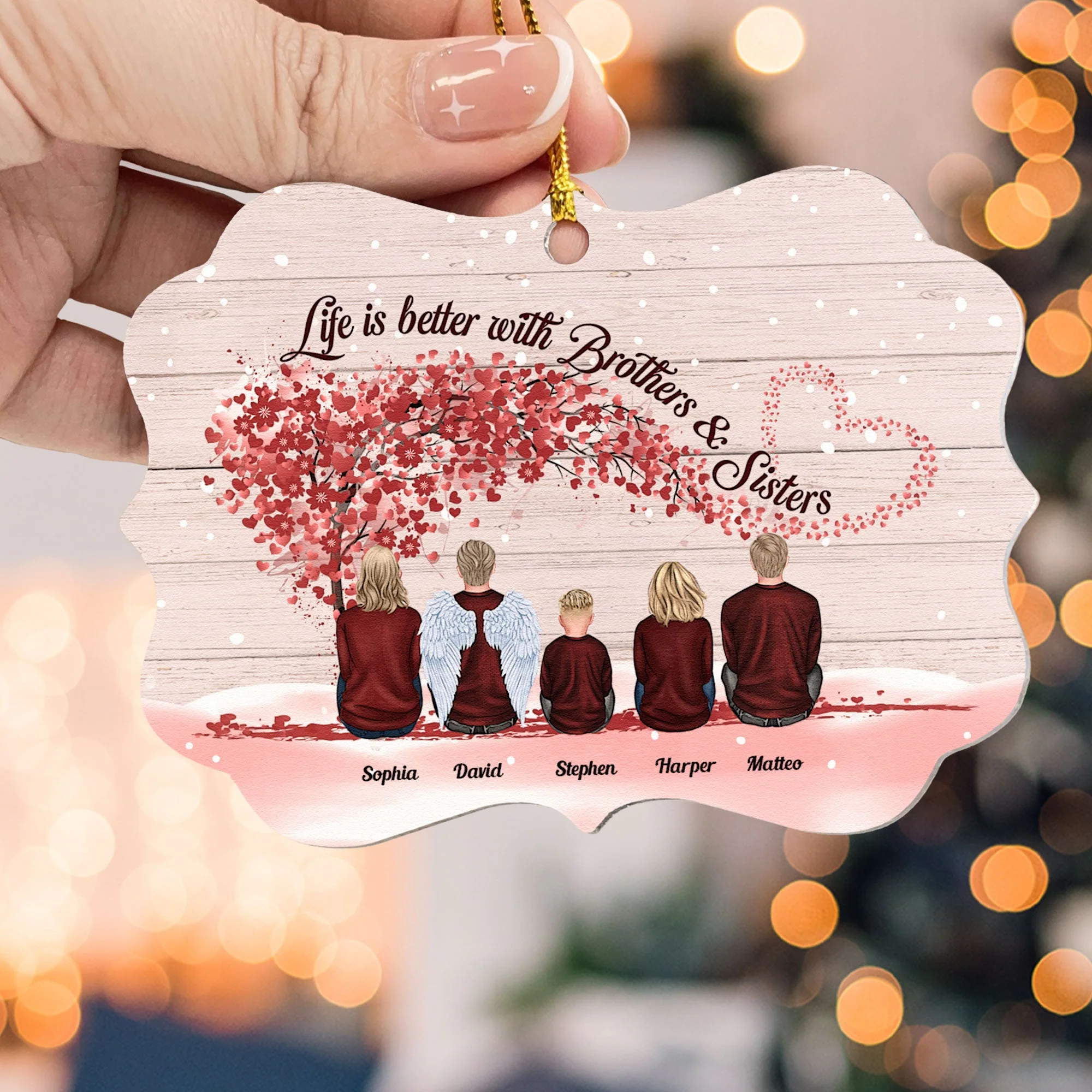 Life Is Better With Brothers & Sisters - Sitting Family - Red Tree - Personalized Aluminum Ornament - Christmas, New Year Gift For Family, Sisters, Brothers, Siblings - Image 4