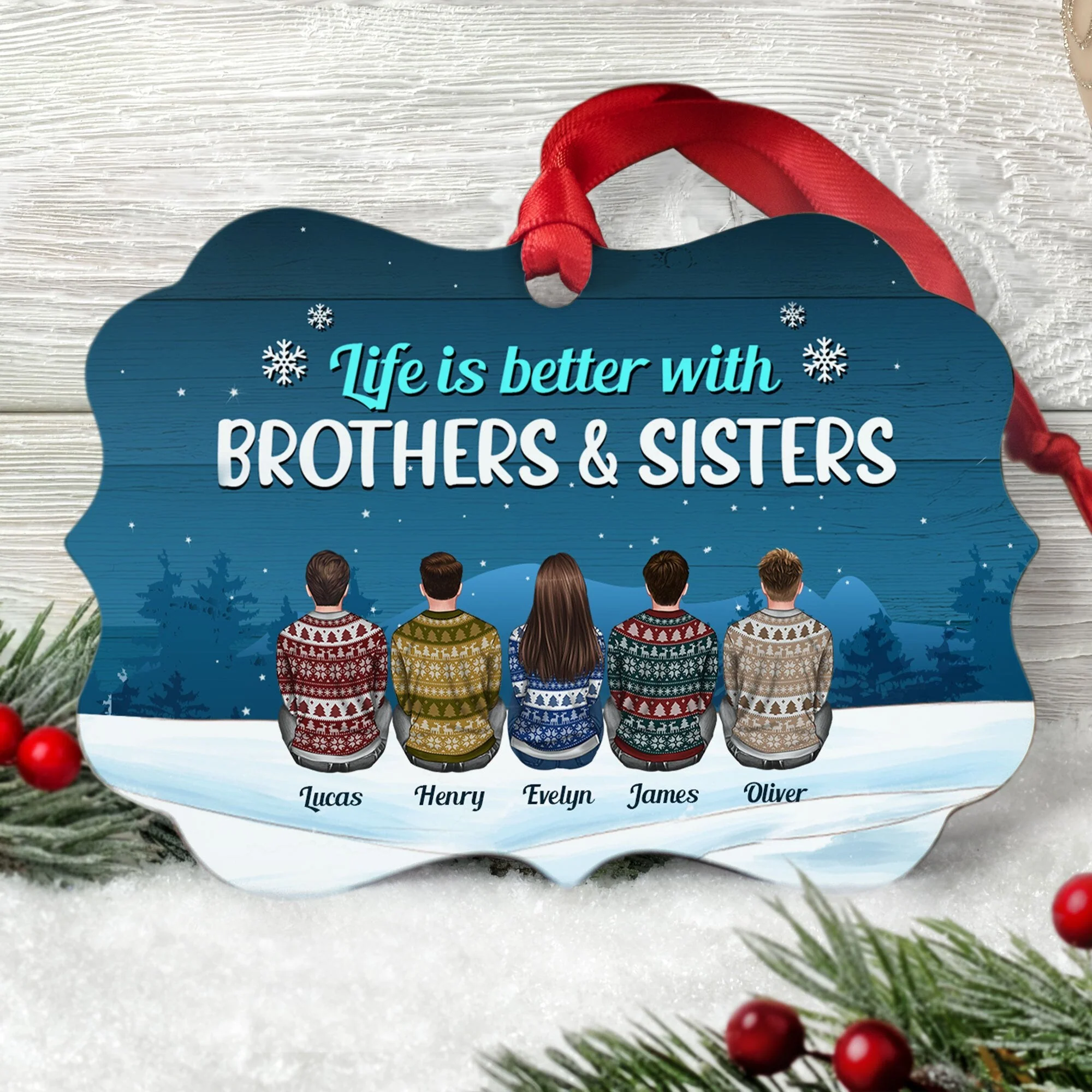 Life Is Better With Cousins - Personalized Aluminum Ornament - Christmas Gift For Cousins - Ugly Christmas Sweater Sitting - Image 5