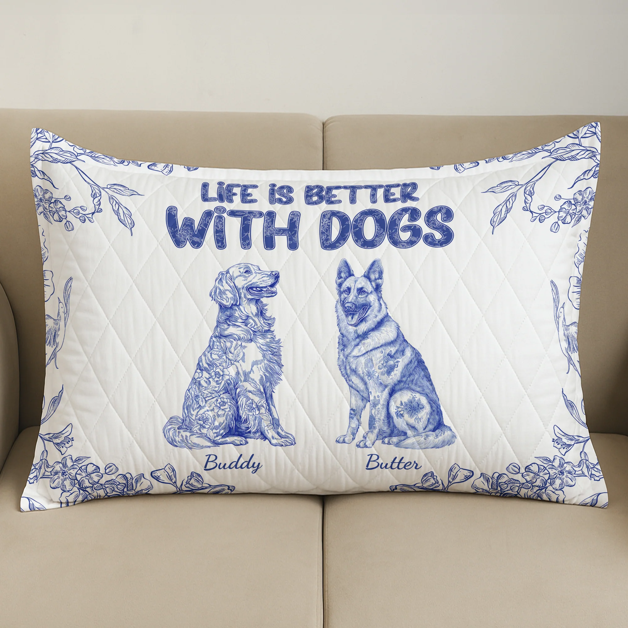 Life Is Better With Dogs Toile De Jouy Chinoiseries French Style - Custom Quilt Set - Image 3