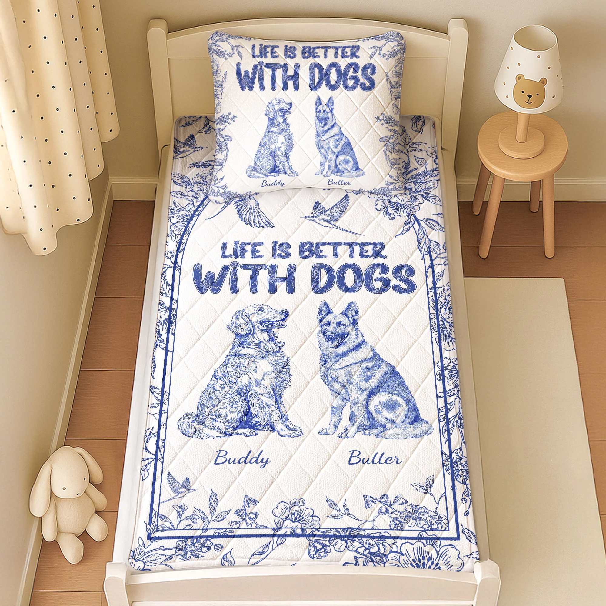 Life Is Better With Dogs Toile De Jouy Chinoiseries French Style - Custom Quilt Set - Image 7