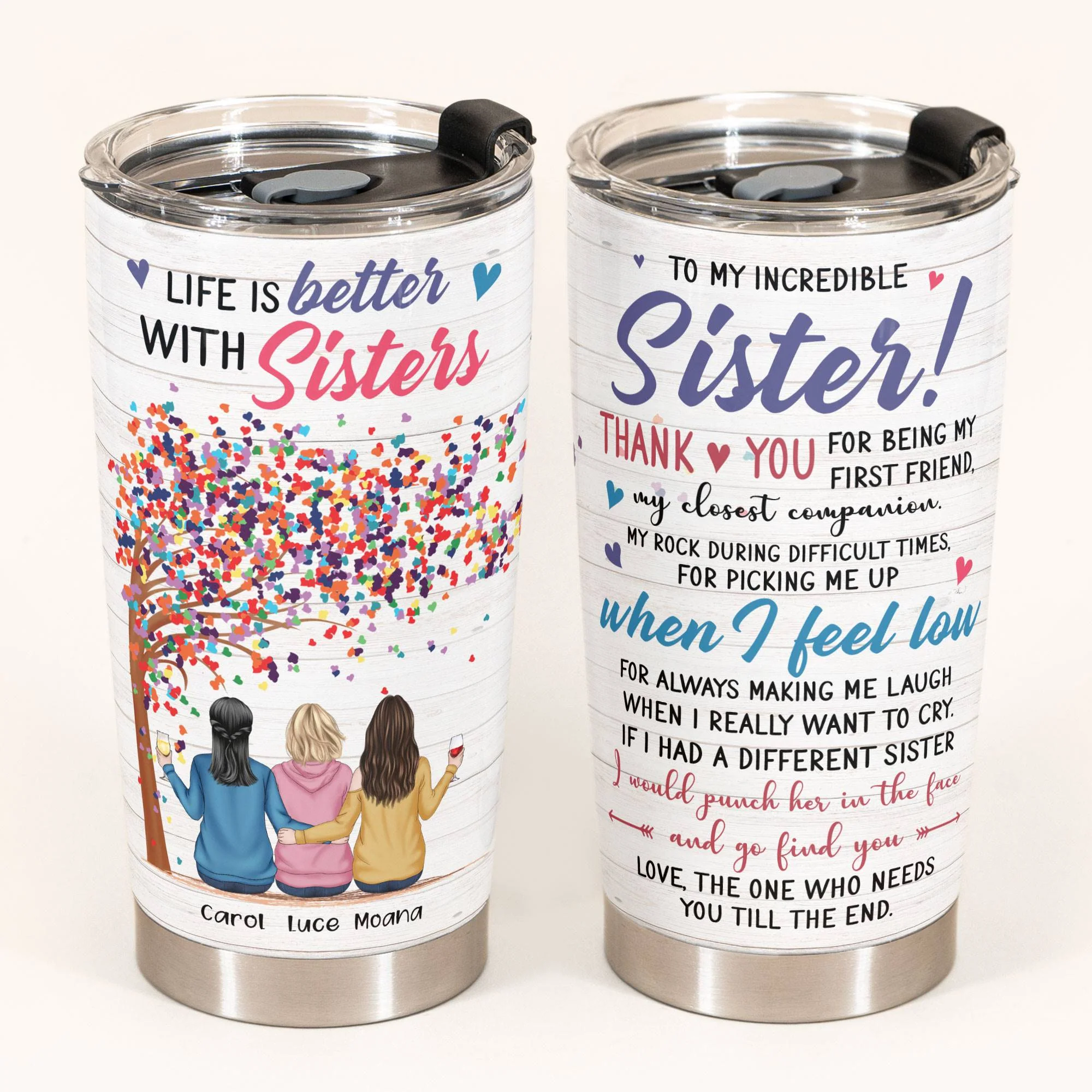 Life Is Better With Sister - Personalized Tumbler Cup - Gift For Sisters - Sisters Back Sitting - Image 2