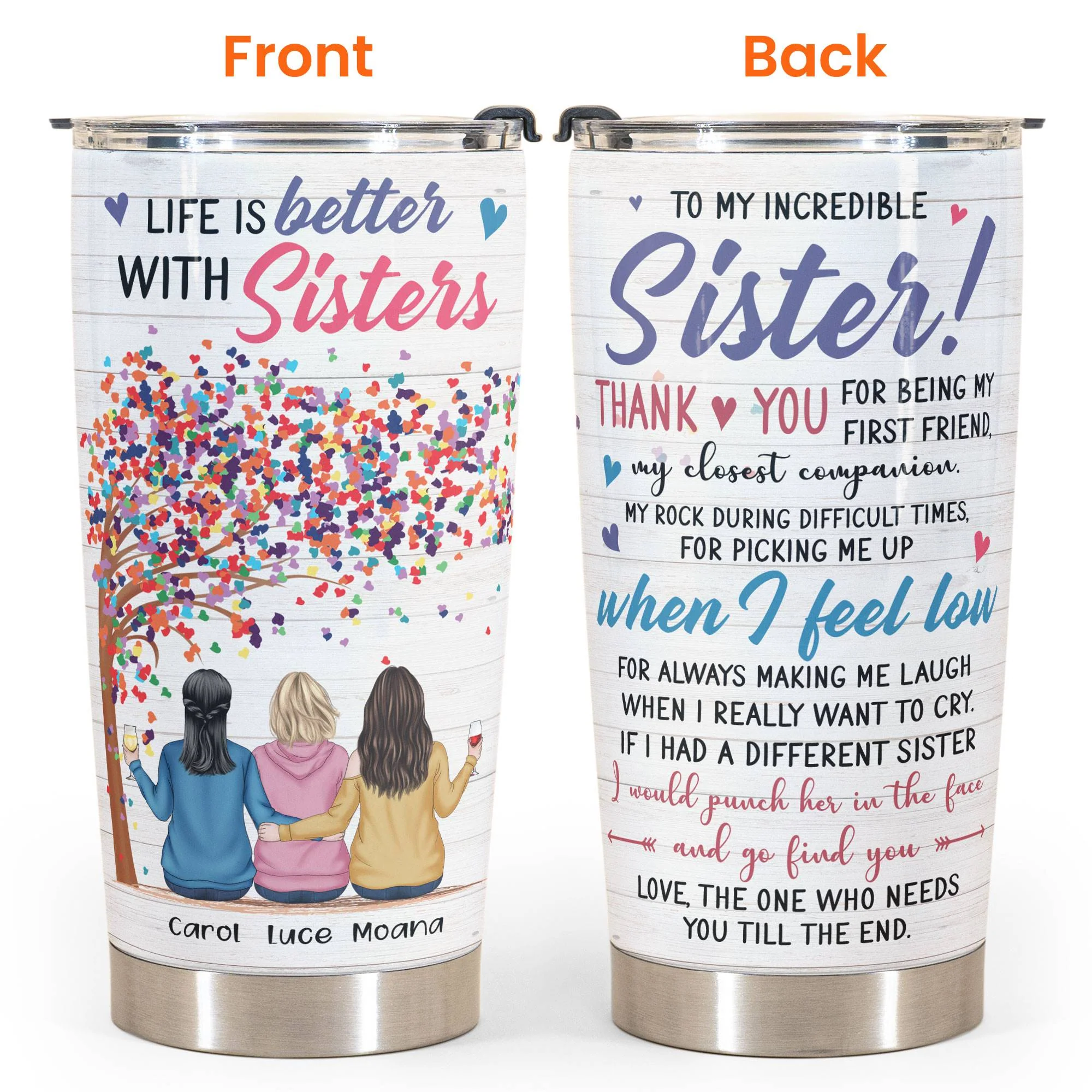 Life Is Better With Sister - Personalized Tumbler Cup - Gift For Sisters - Sisters Back Sitting - Image 4