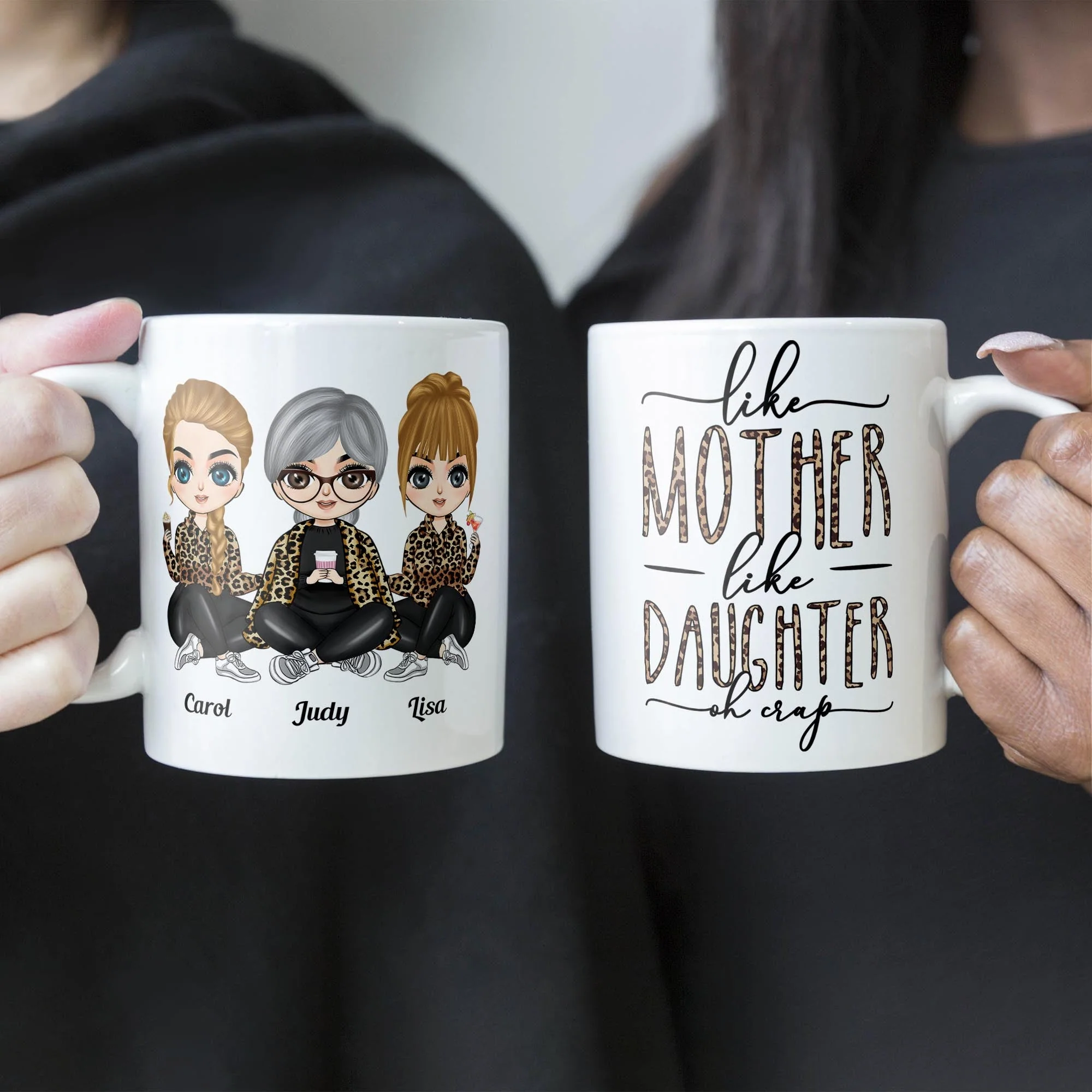 Like Mother Like Daughter Leopard Version - Personalized Mug  - Birthday Gift For Mother, Mom, Daughter - Leopard Chibi Girls - Image 4