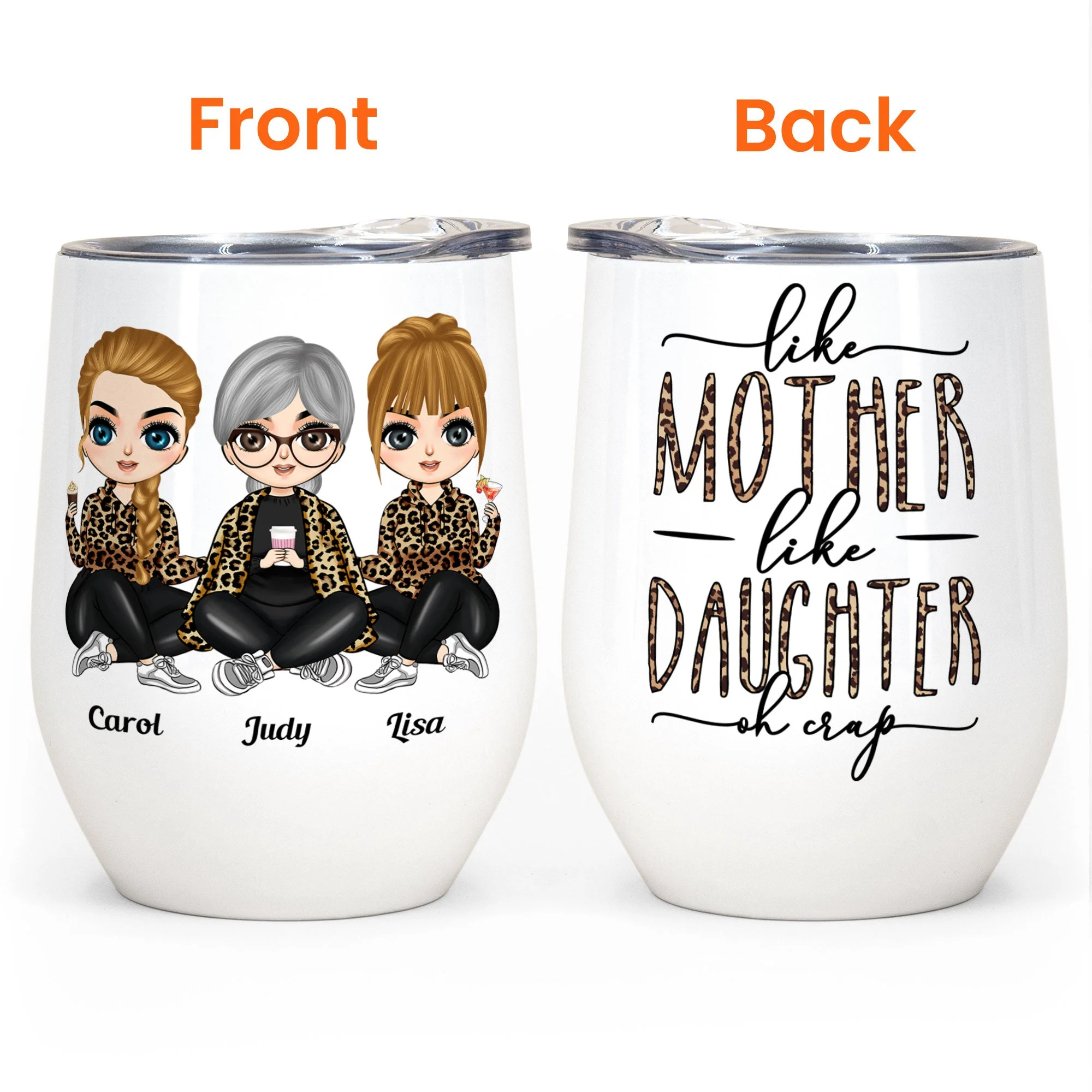Like Mother Like Daughter Leopard Version - Personalized Wine Tumbler - Birthday, Mother's Day Gift For Mother, Mom, Daughter - Leopard Chibi Girls - Image 4