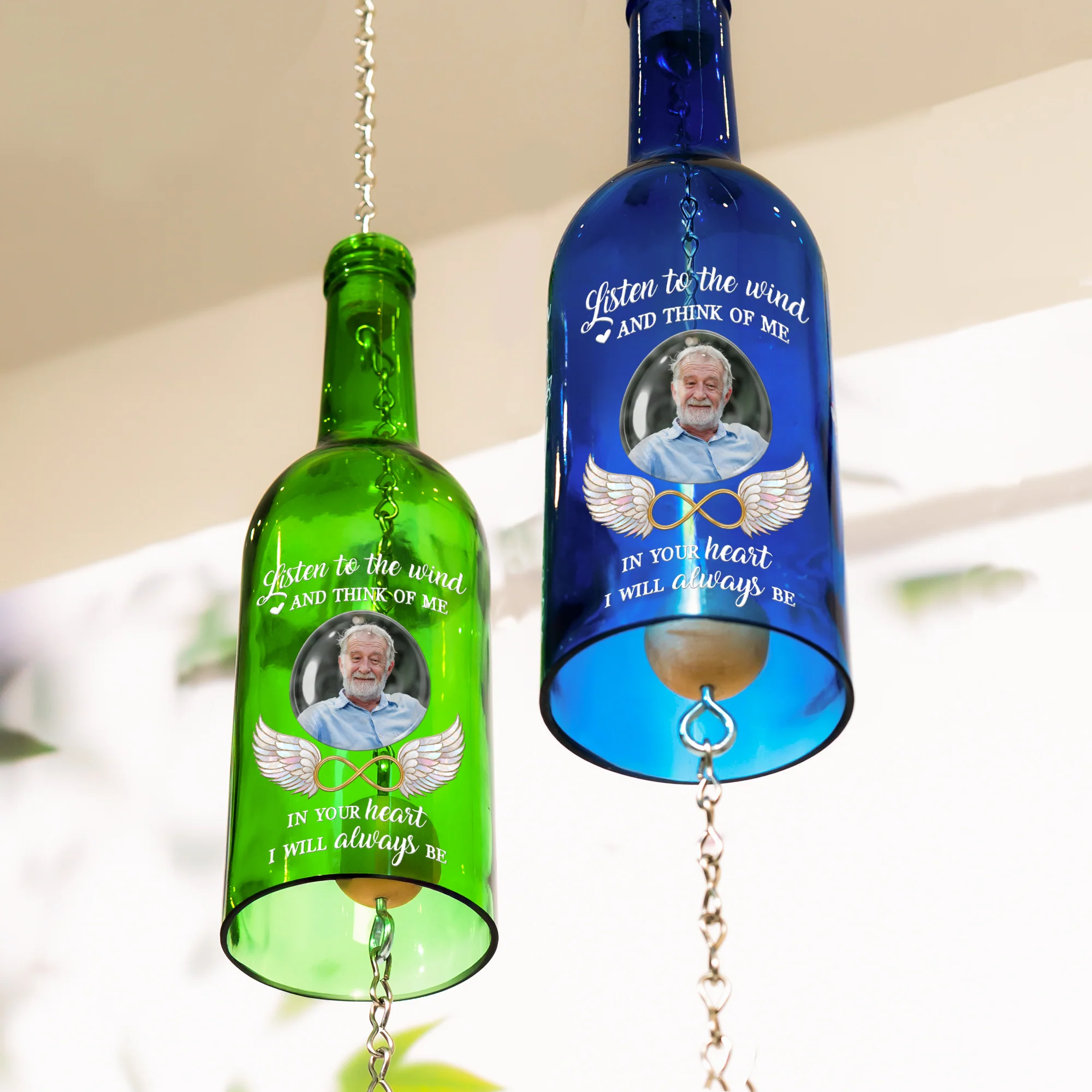 Listen To The Wind And Think Of Me Angel Wings - Personalized Photo Wine Bottle Wind Chime - Image 2