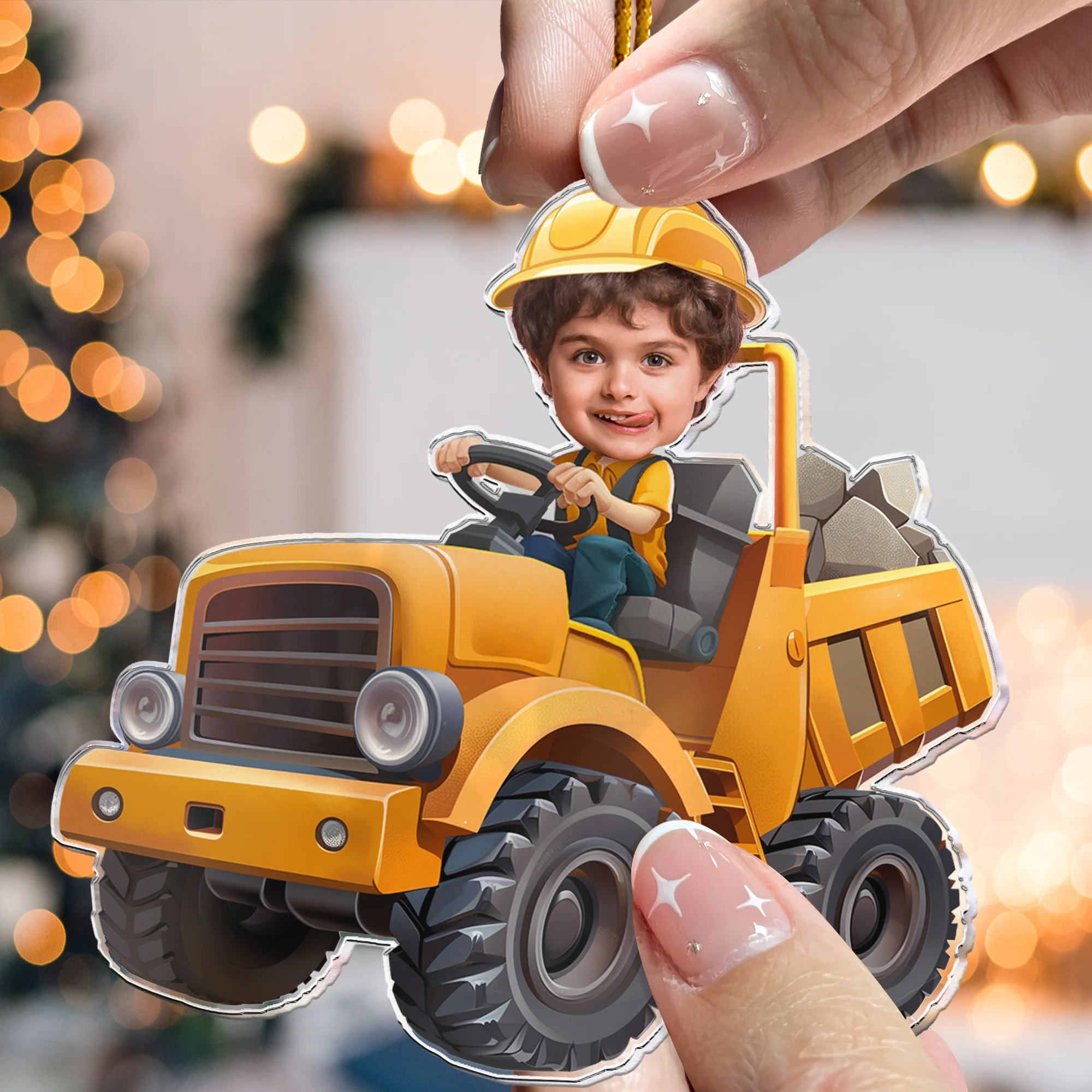 Little Boy Riding Construction Truck - Flat Design - Gifts For Kids - Personalized Acrylic Photo Ornament - Image 2