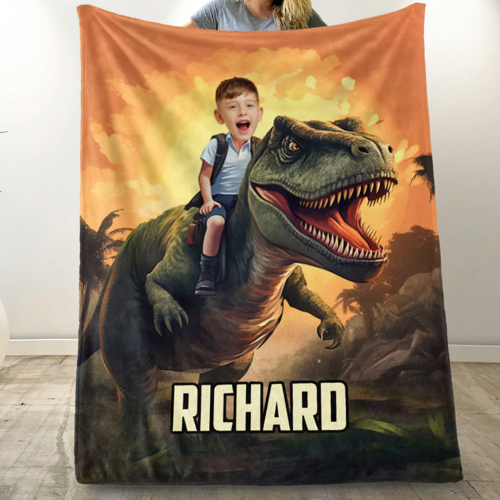 Little Boy Riding Dinosaur - Personalized Kid Photo Blanket - Image 2