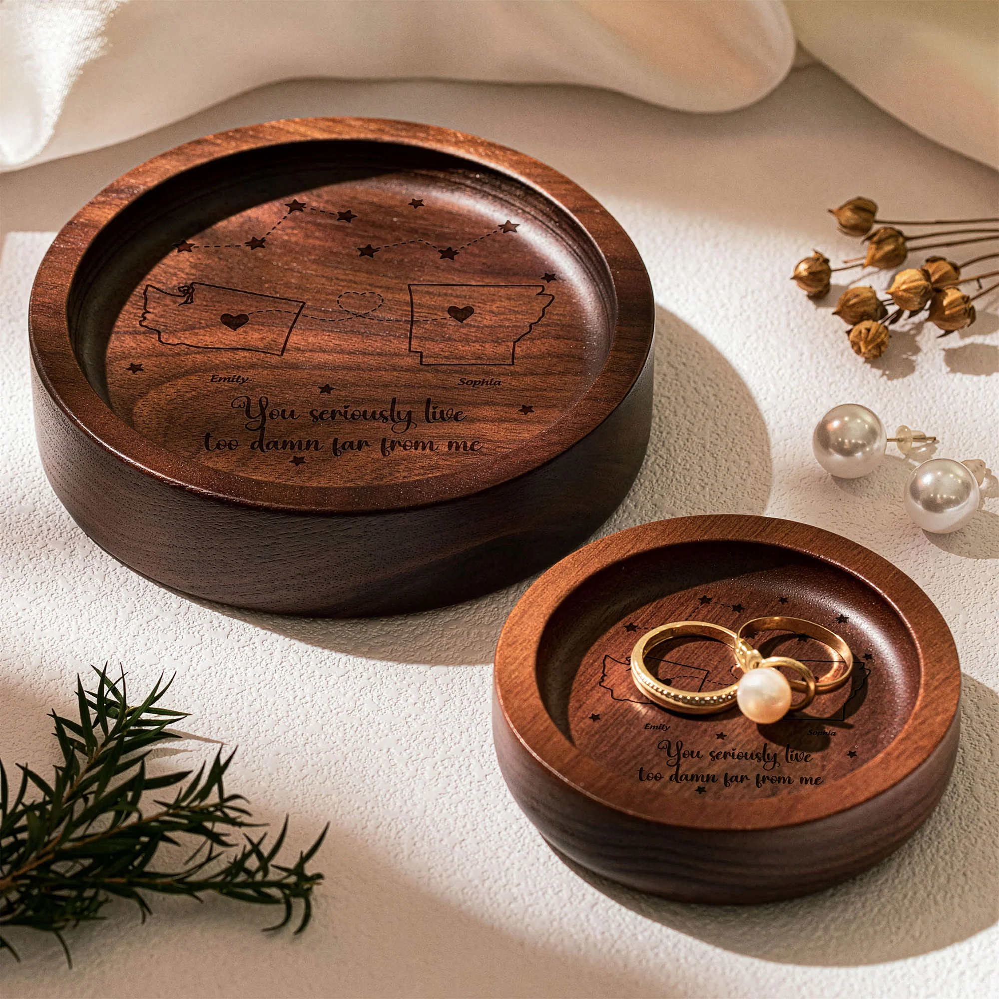 Long Distance Custom State To State For Friends, Couples, Family - Personalized Wood Ring Dish - Image 2