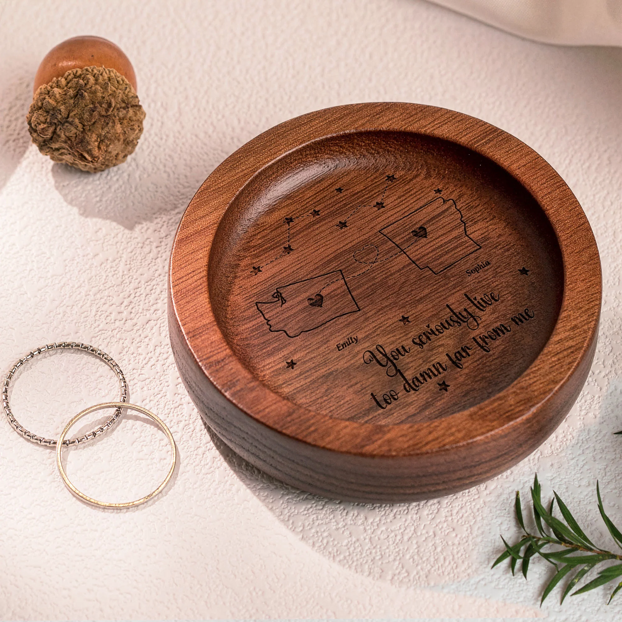 Long Distance Custom State To State For Friends, Couples, Family - Personalized Wood Ring Dish - Image 4