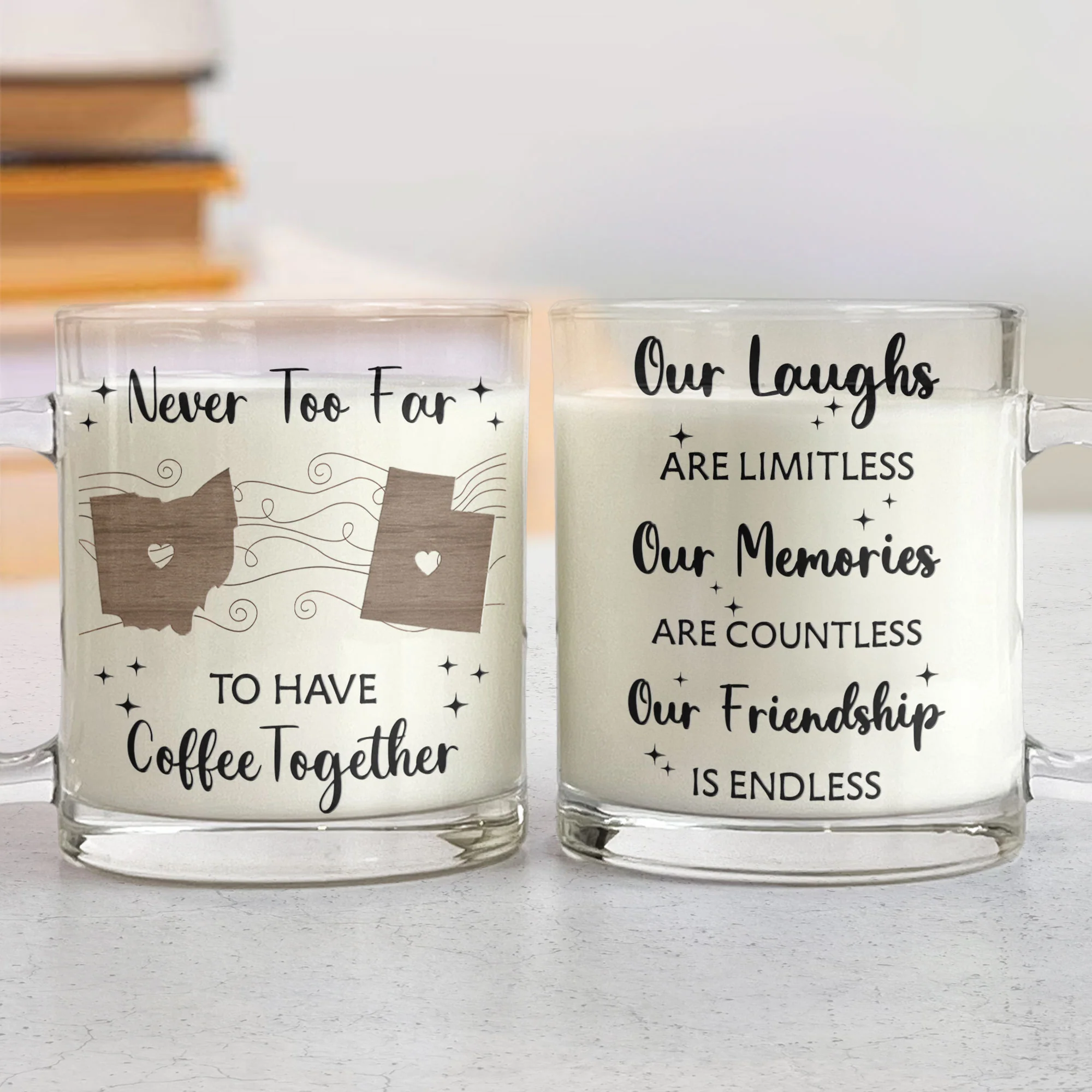 Long Distance Never Too Far To Have Coffee Together - Personalized Glass Mug - Image 2