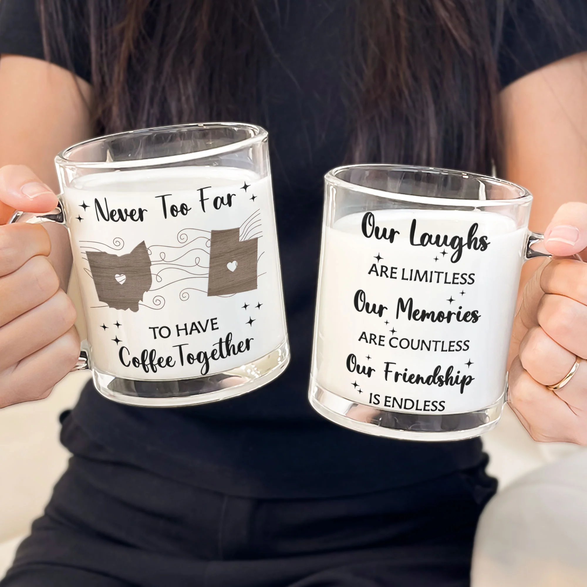 Long Distance Never Too Far To Have Coffee Together - Personalized Glass Mug - Image 3