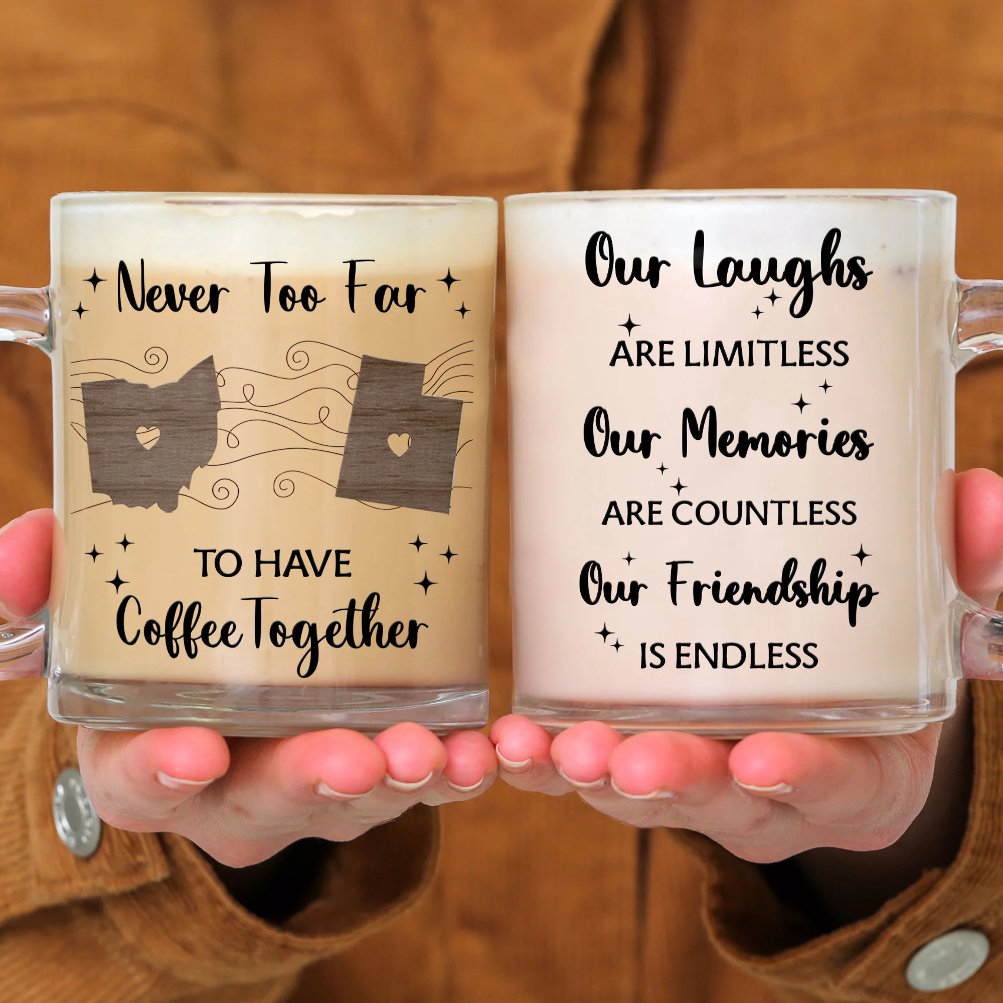 Long Distance Never Too Far To Have Coffee Together - Personalized Glass Mug - Image 4