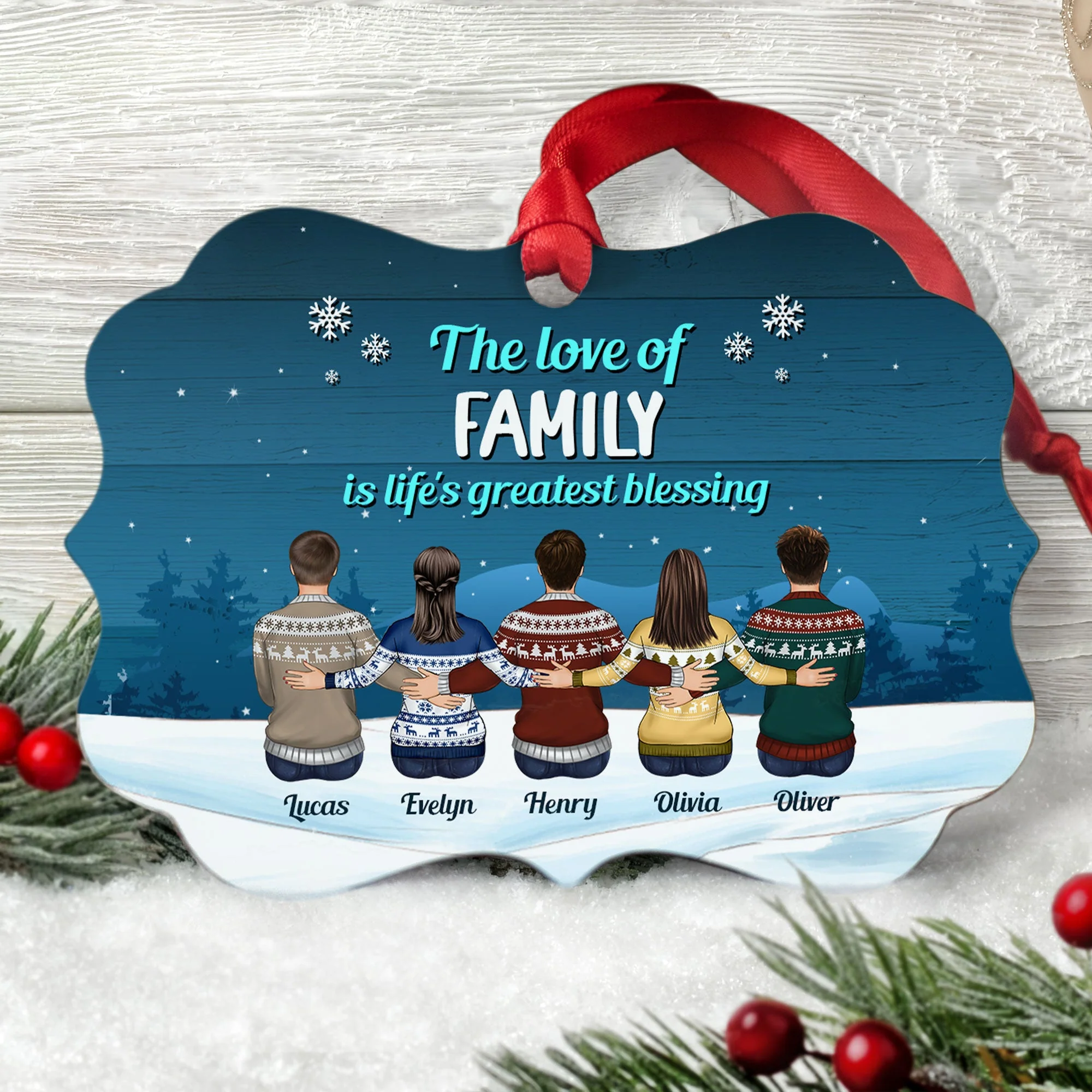 Love Family Forever - Personalized Aluminum Ornament - Christmas Gift For Dad, Mom, Siblings, Sisters - Family Hugging - Image 2