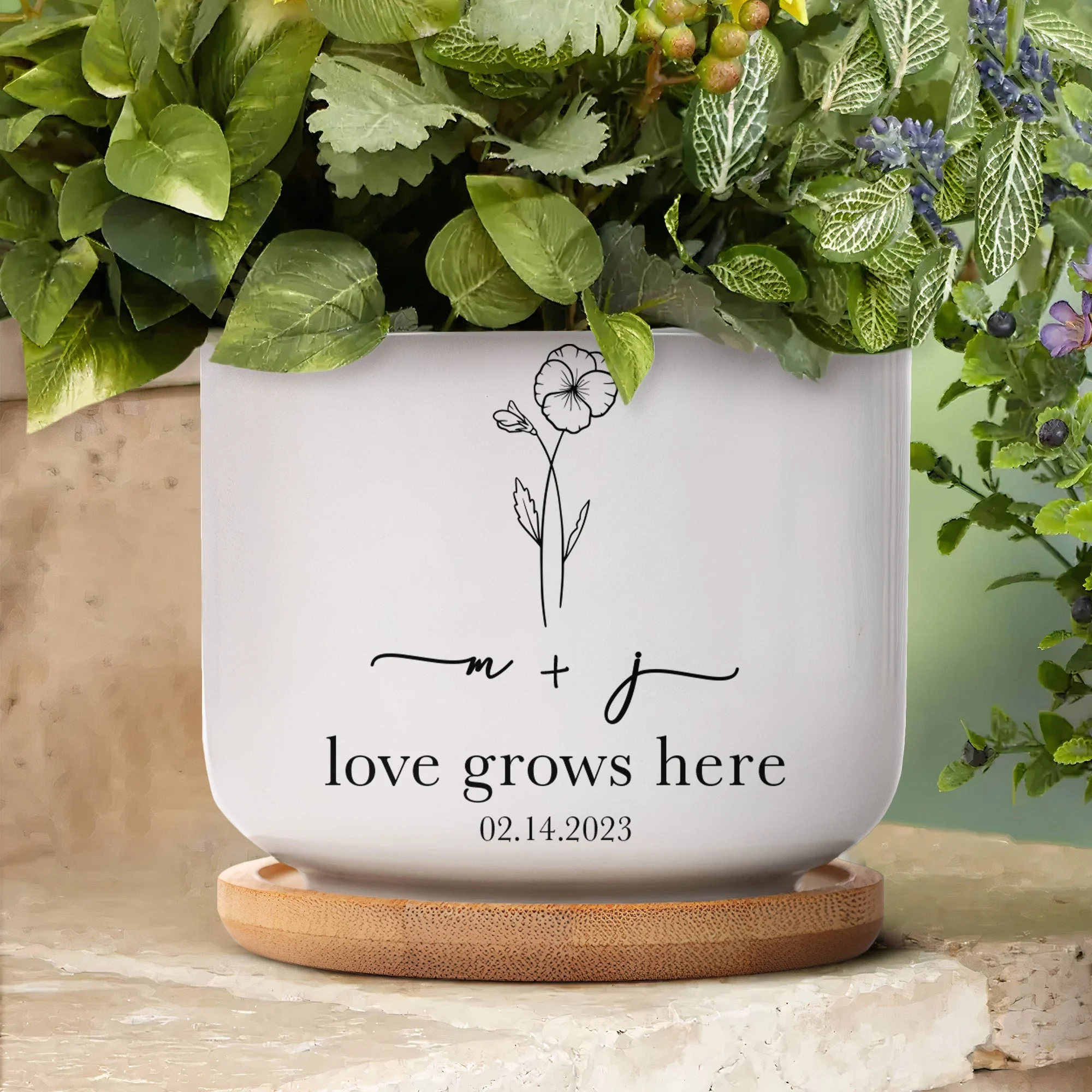 Love Grows Here Engagement Gift - Personalized Ceramic Plant Pot With Tray - Image 5