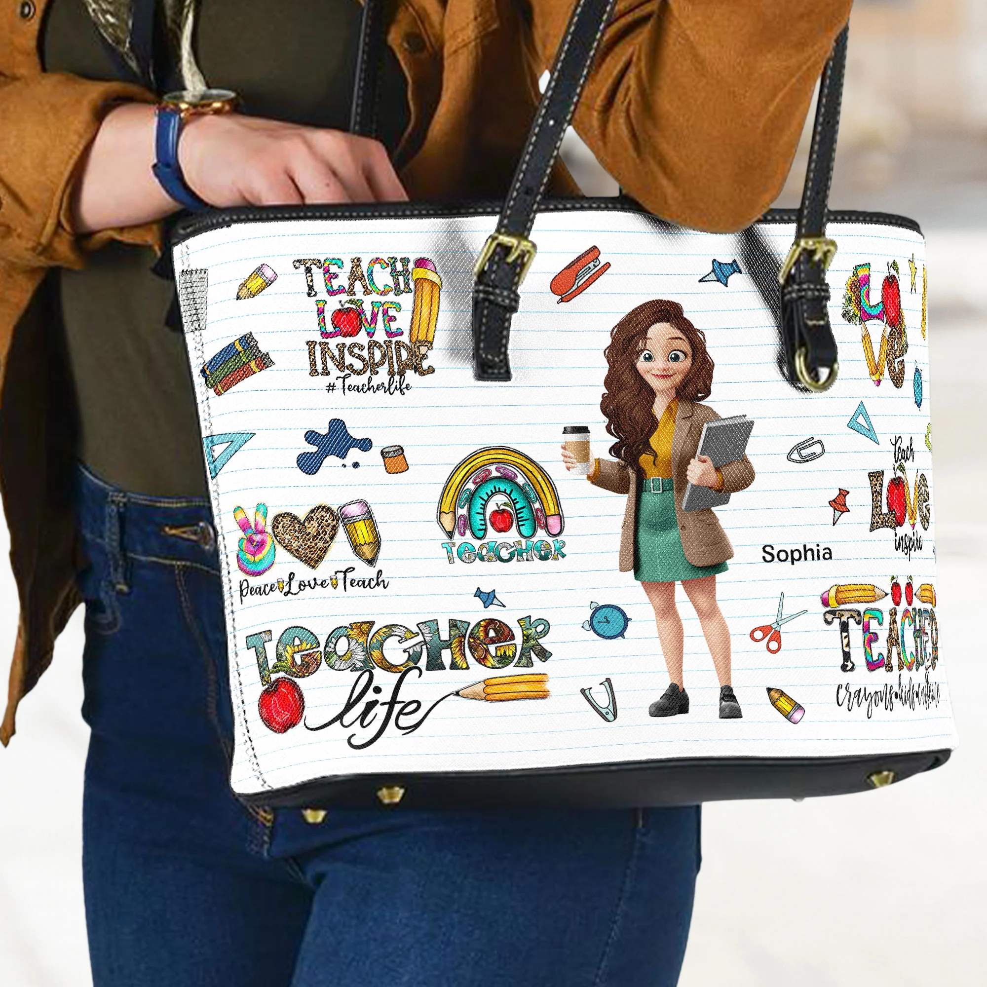 Love Teacher Life New Version - Personalized Leather Tote Bag - Image 3