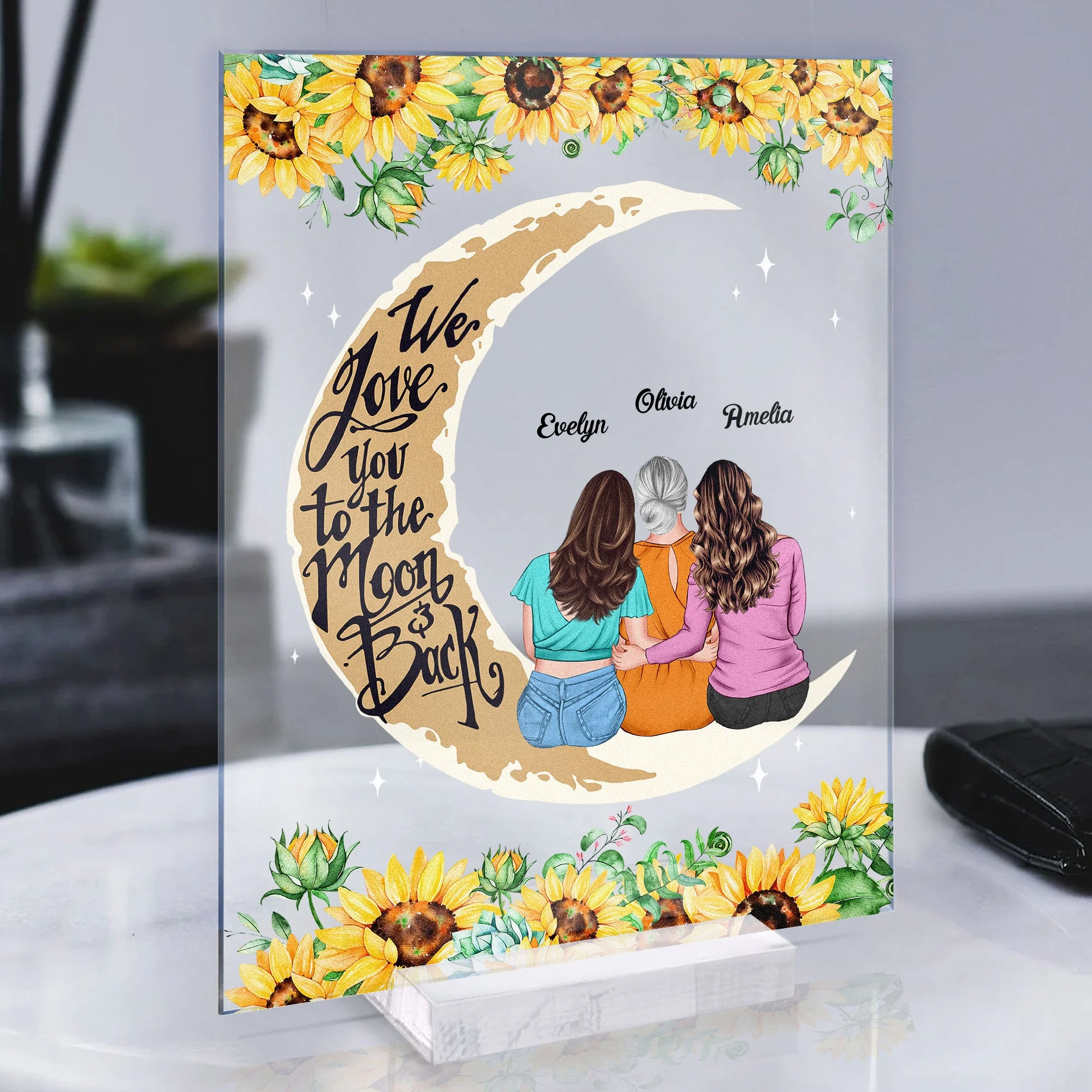 Love To The Moon And Back Mom And Daughters - Personalized Acrylic Plaque - Birthday Mother's Day Gift For Mom - Gift From Daughters - Image 3