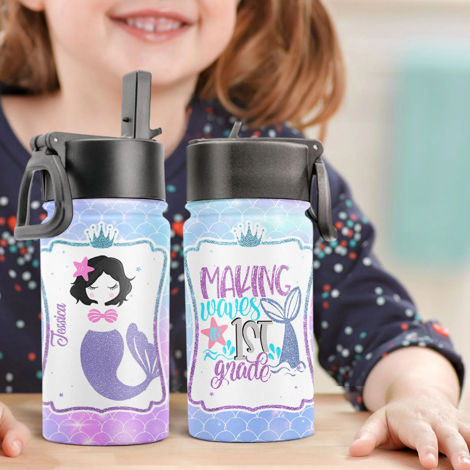 Making Waves In School - Personalized Kids Water Bottle With Straw Lid - Image 3