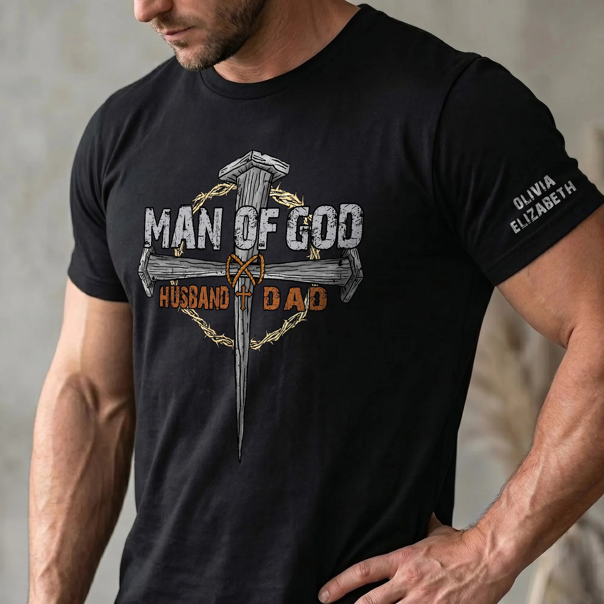 Man Of God Dad - Christian Father's Day Gifts Custom Kids' Names On Sleeves - Up To 12 Names - Personalized Shirt - Image 2