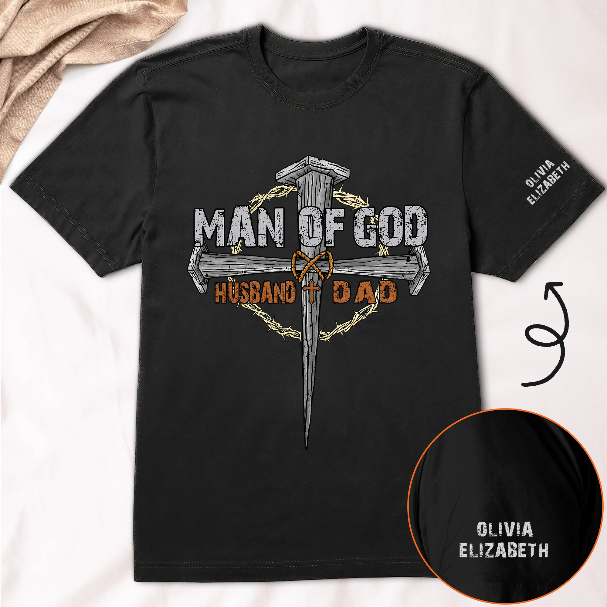 Man Of God Dad - Christian Father's Day Gifts Custom Kids' Names On Sleeves - Up To 12 Names - Personalized Shirt - Image 4