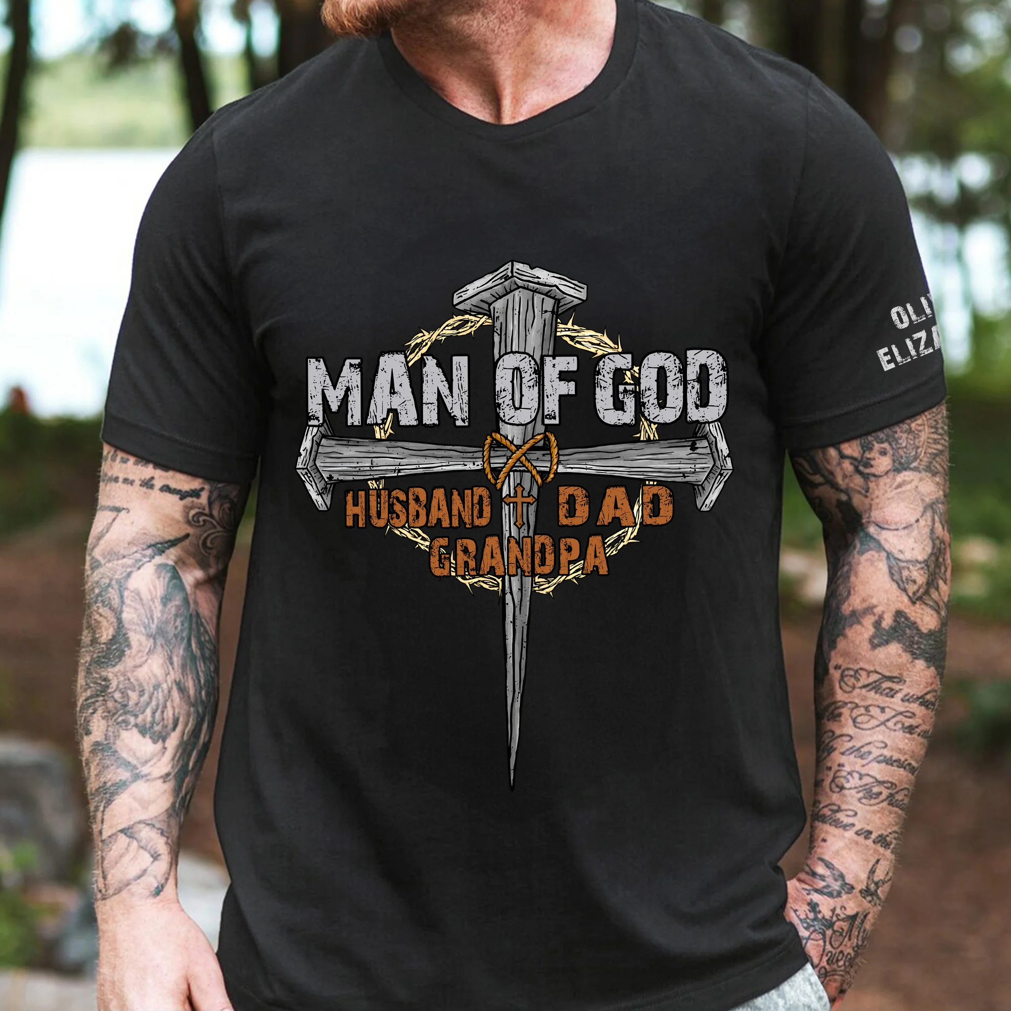 Man Of God Dad - Christian Father's Day Gifts Custom Kids' Names On Sleeves - Up To 12 Names - Personalized Shirt - Image 6