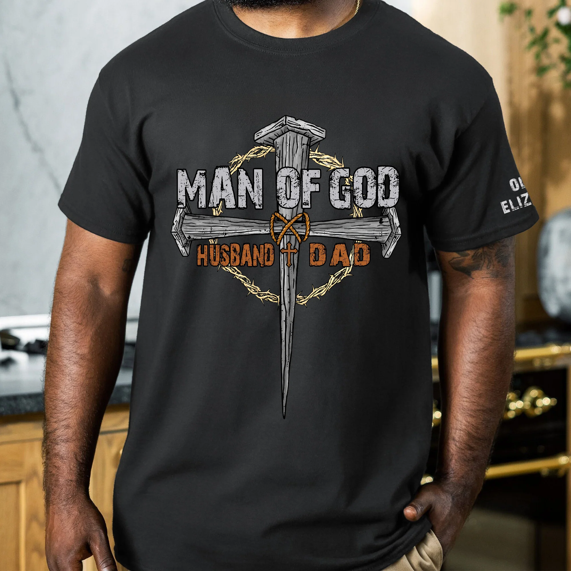 Man Of God Dad - Christian Father's Day Gifts Custom Kids' Names On Sleeves - Up To 12 Names - Personalized Shirt - Image 7
