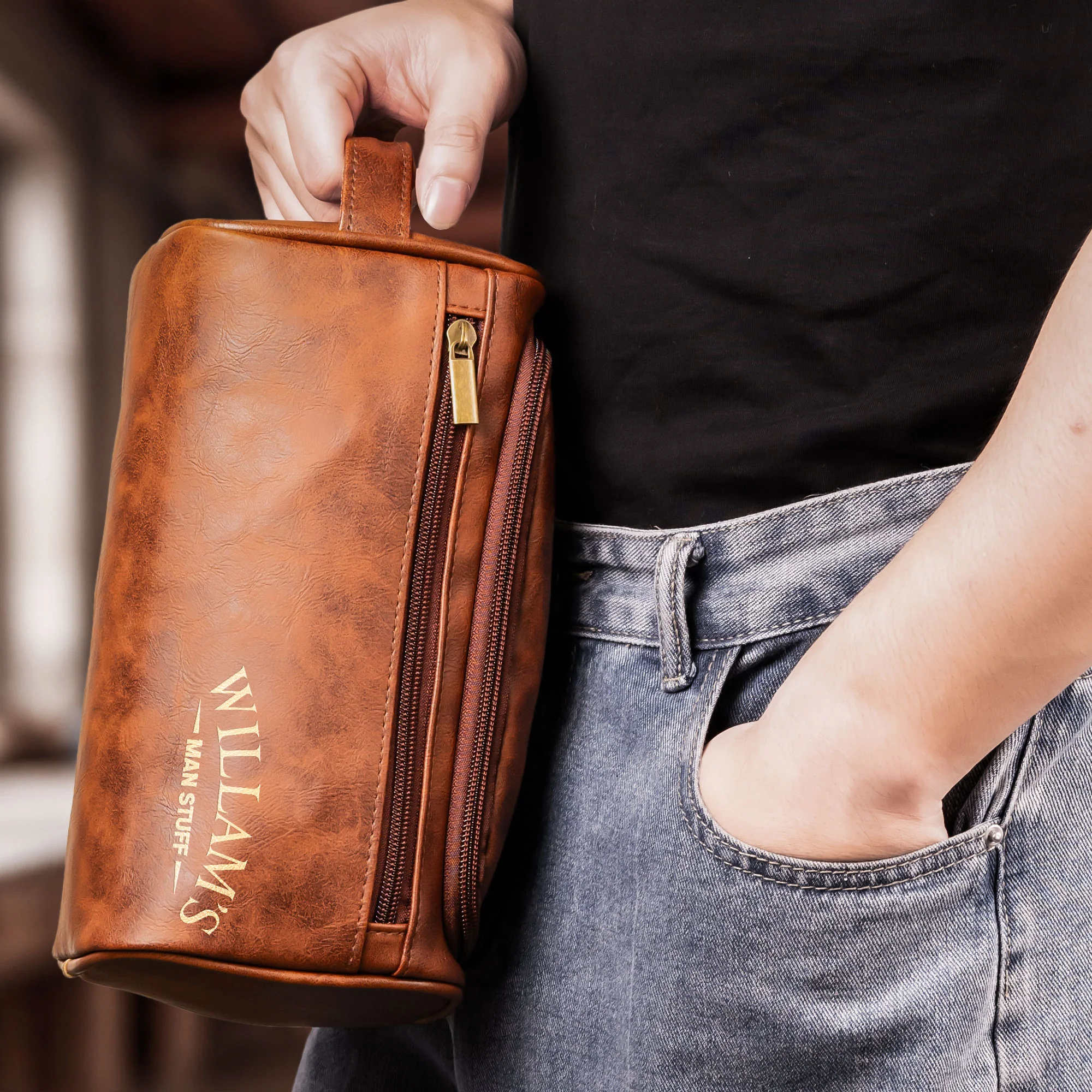 Man Stuff - Personalized Leather Toiletry Bag - Image 4