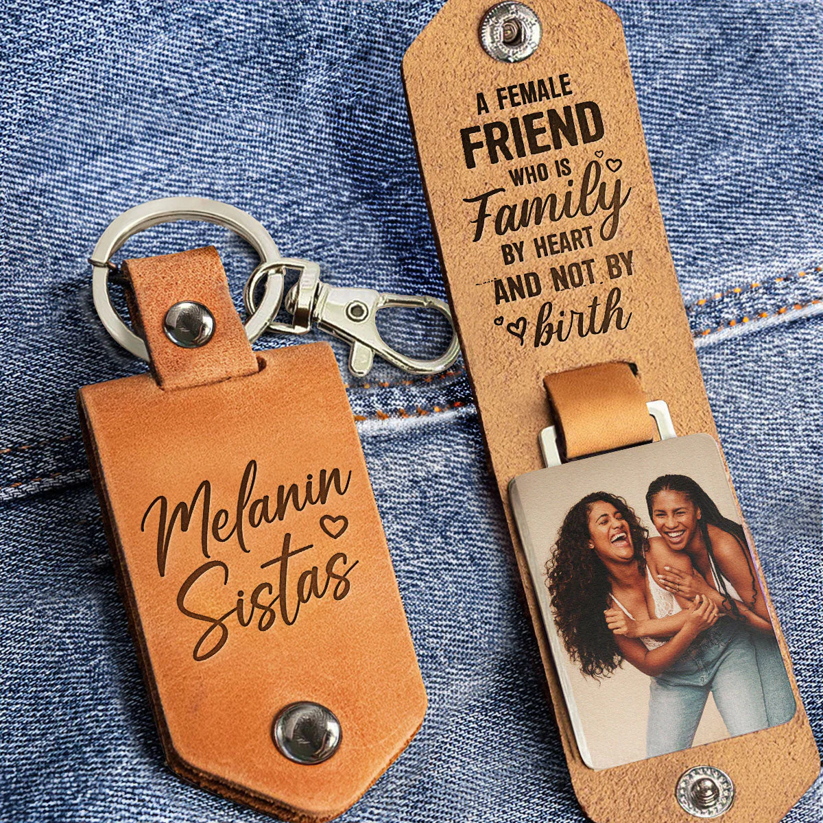 Melanin Sistas Gift For Black Women Friend - Personalized Leather Photo Keychain - Image 2