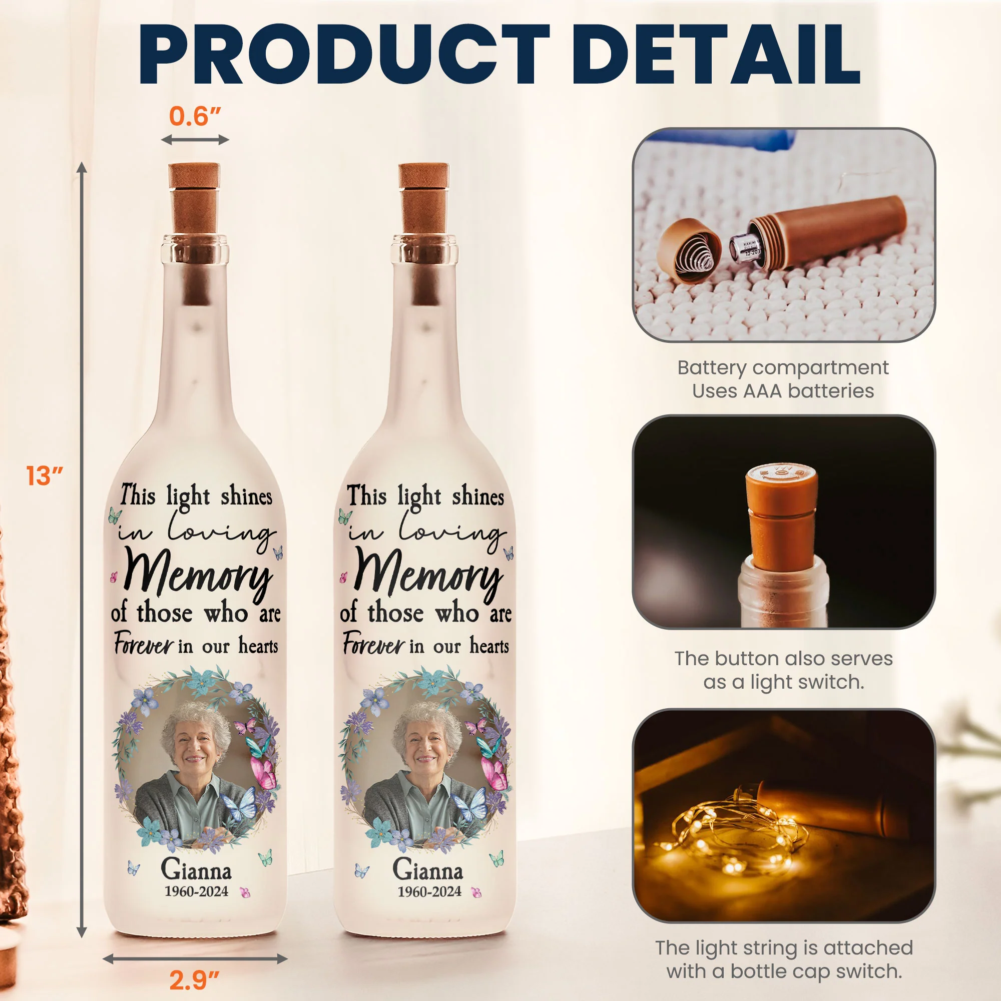 Memorial Light Shines In Loving Memory Of Those - Personalized Photo Bottle Lamp - Image 5