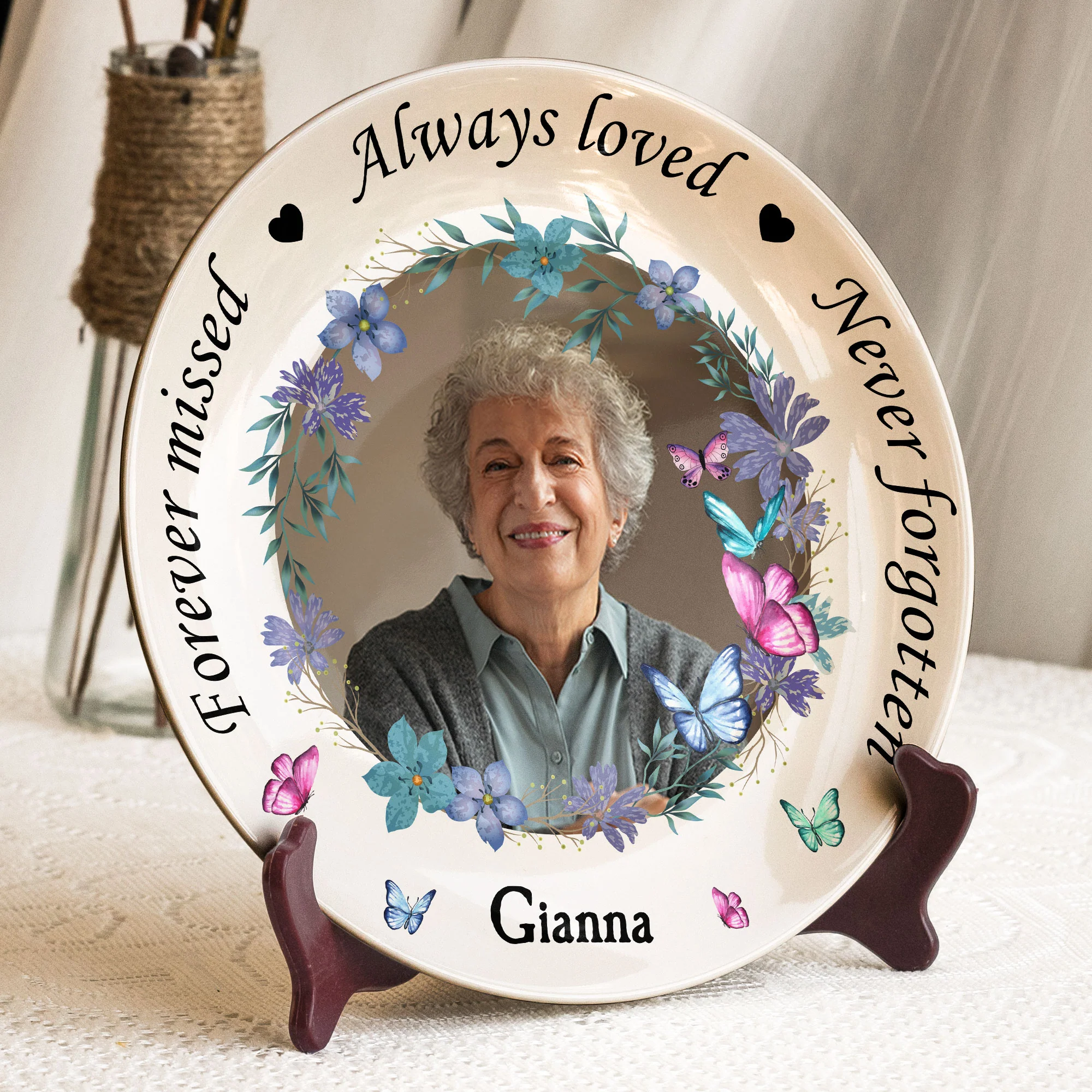 Memorial Plate With Custom Photo And Floral Design - Personalized Photo Ceramic Plate - Image 4