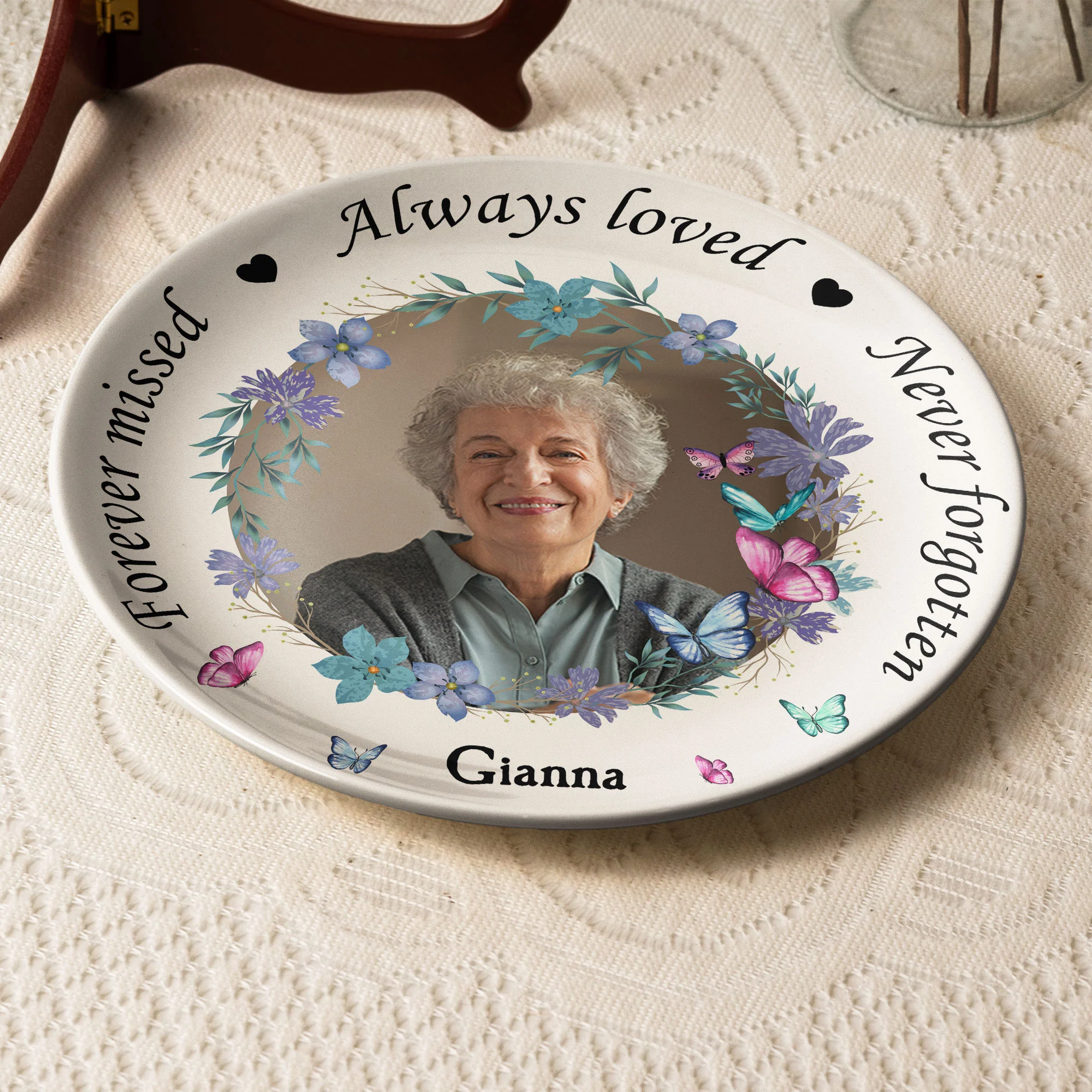 Memorial Plate With Custom Photo And Floral Design - Personalized Photo Ceramic Plate - Image 6