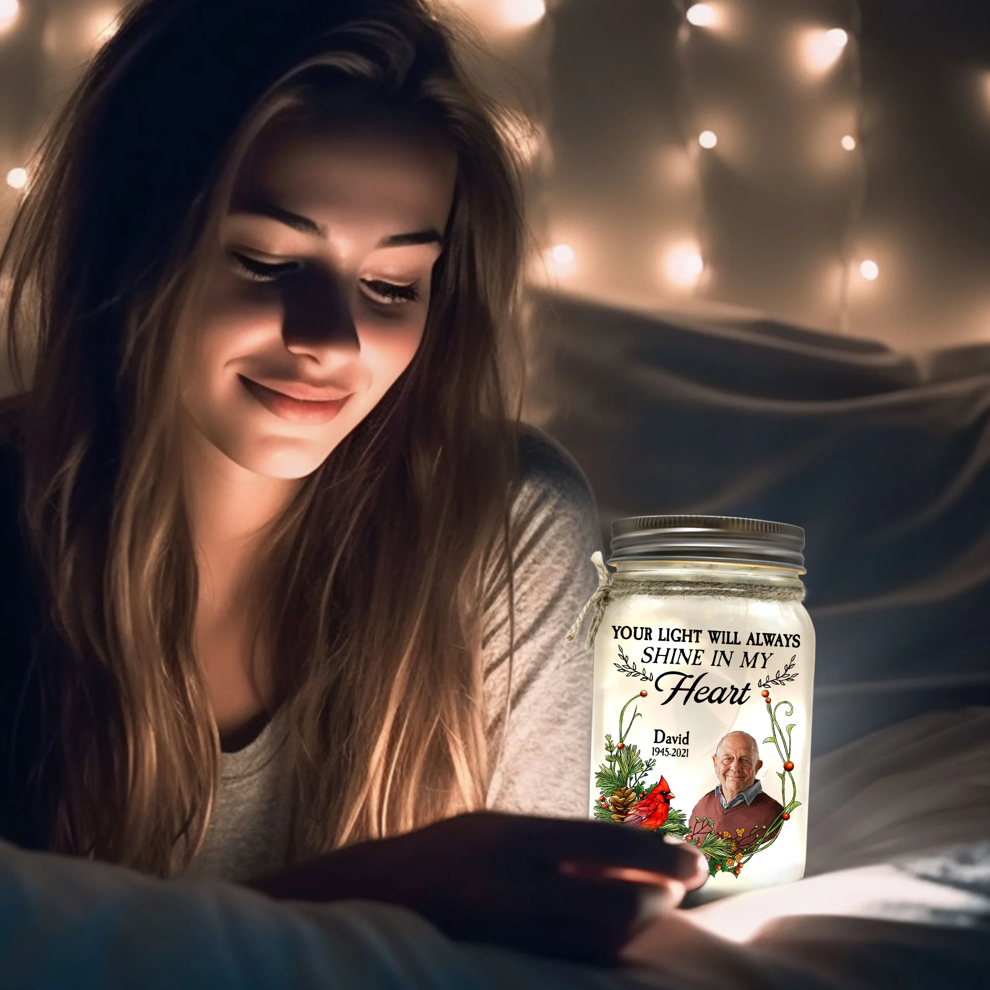 Memorial Your Light Will Always Shine In My Heart - Personalized Photo Mason Jar Light - Image 5
