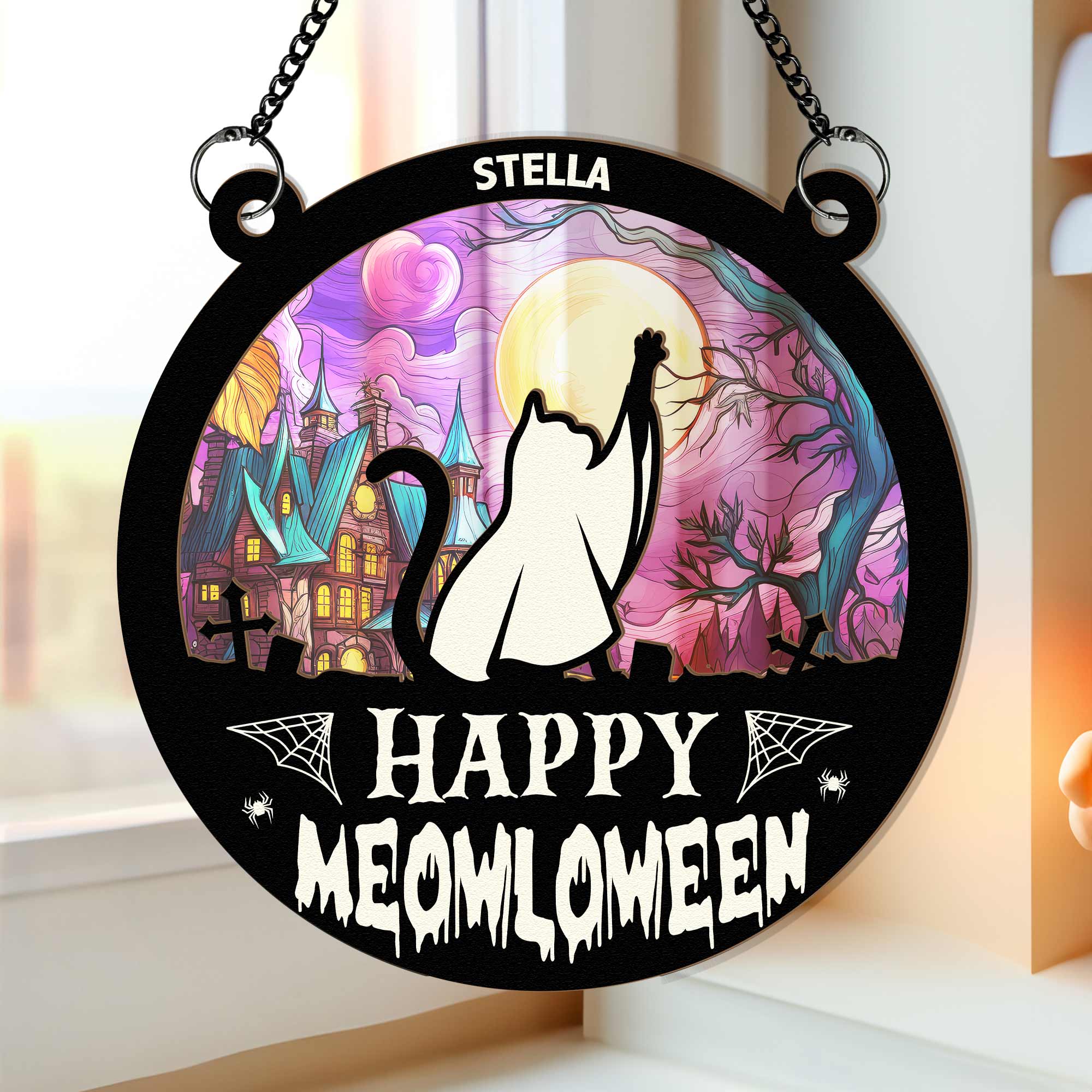 Meowloween Cat - Personalized Window Hanging Suncatcher Ornament - Image 2