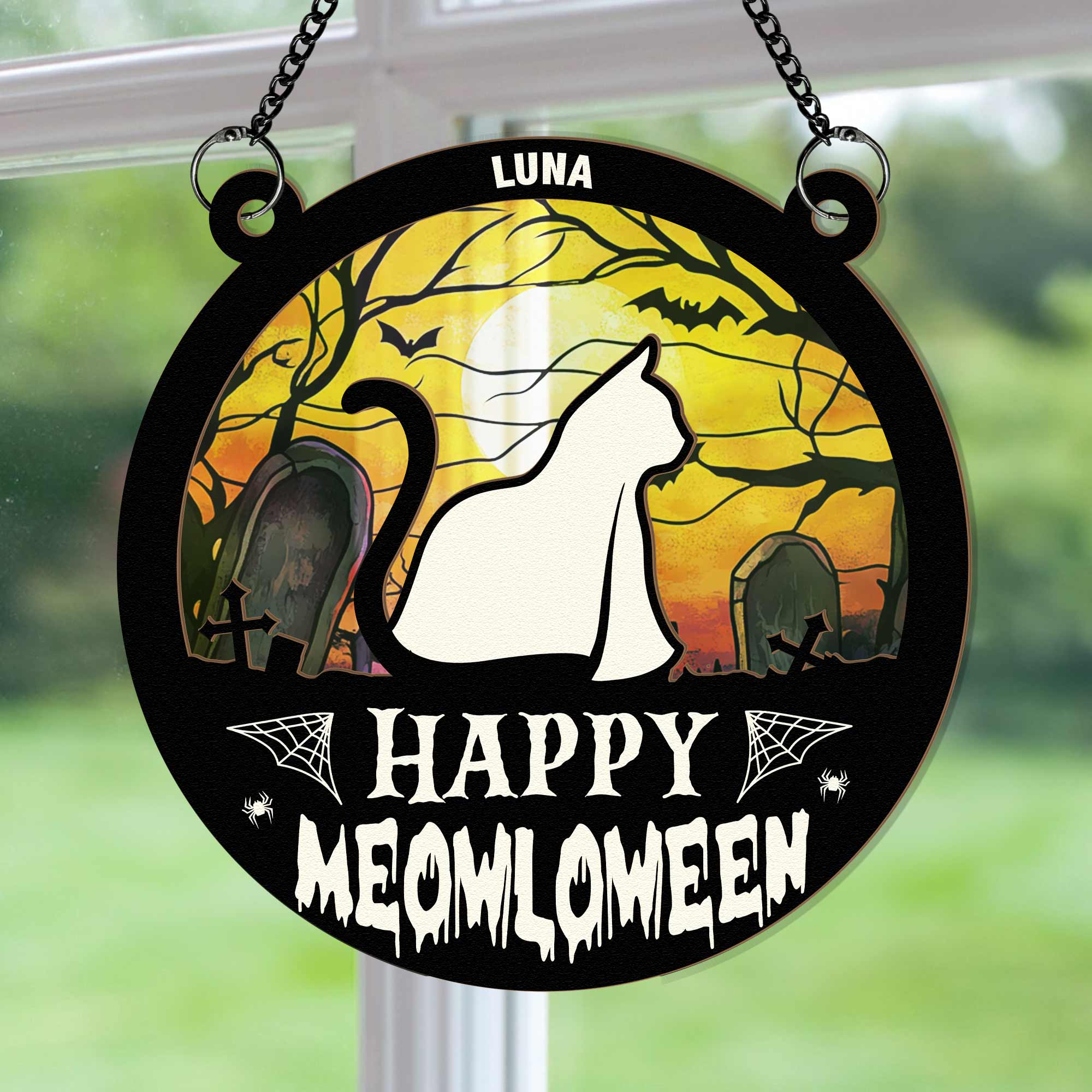 Meowloween Cat - Personalized Window Hanging Suncatcher Ornament - Image 3