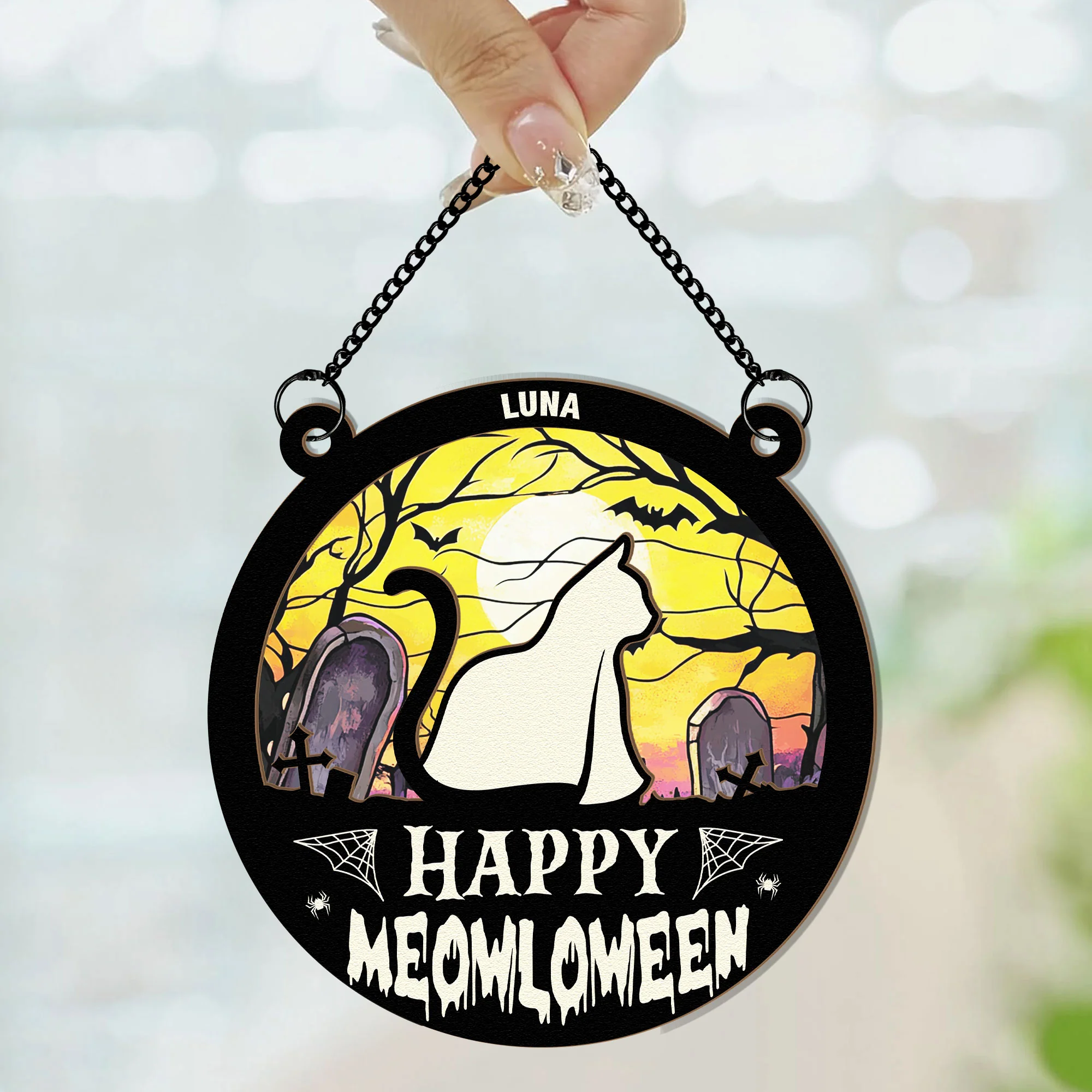 Meowloween Cat - Personalized Window Hanging Suncatcher Ornament - Image 4