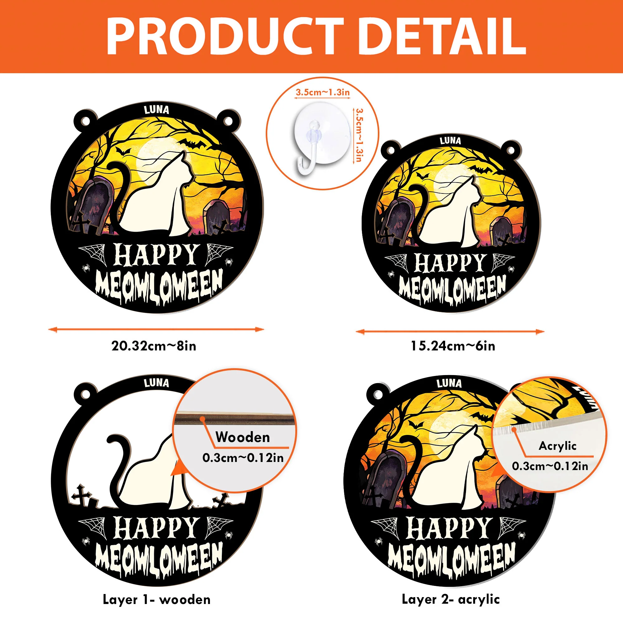 Meowloween Cat - Personalized Window Hanging Suncatcher Ornament - Image 5