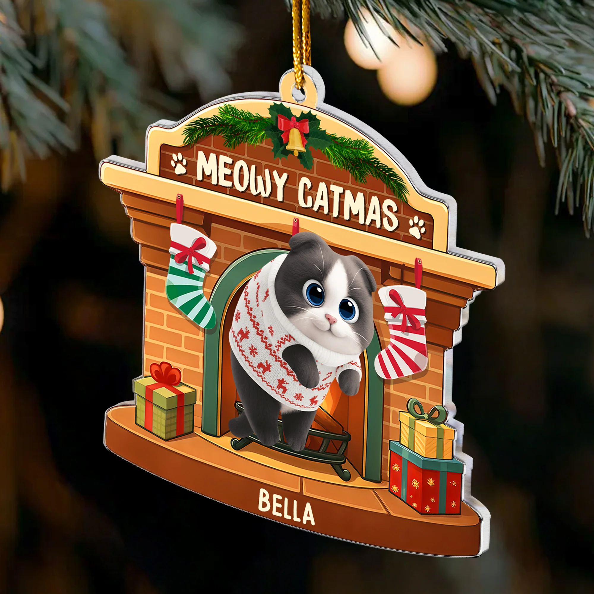 Meowy Catmas - Hanging Cat - Personalized Acrylic Ornament - Image 3