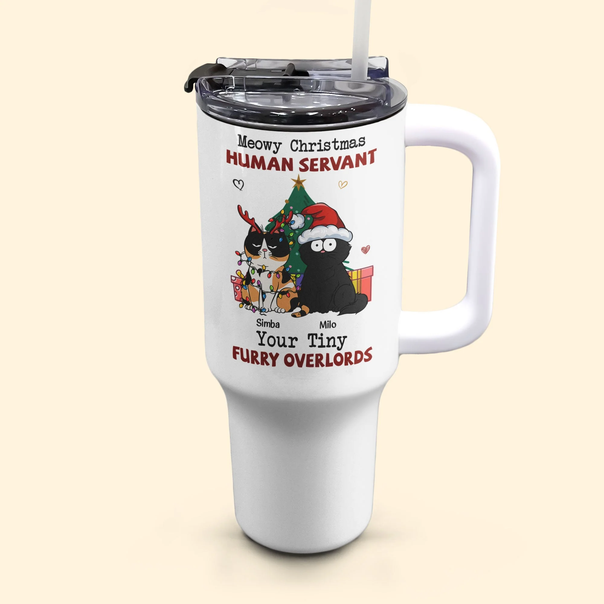 Meowy Christmas, Human Servant - Personalized 40oz Tumbler With Straw - Image 4