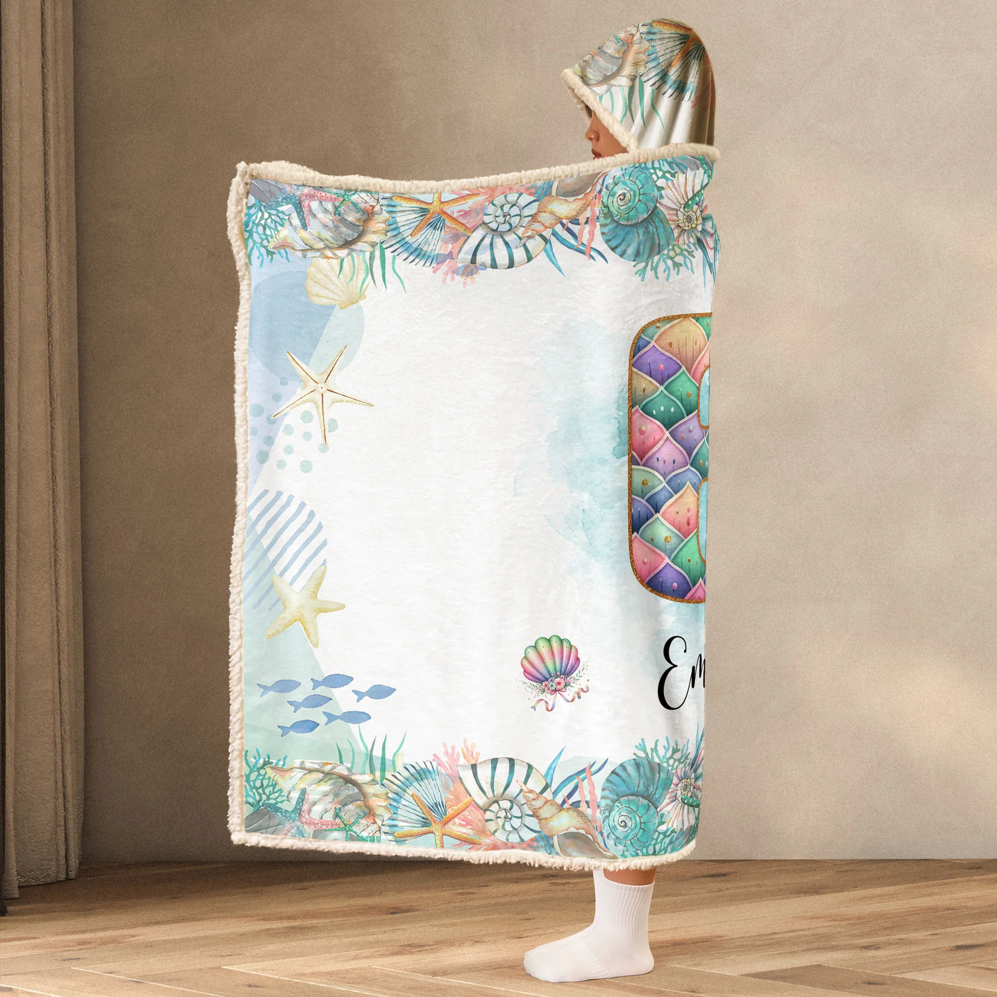 Mermaid Alphabet Blanket For Kid - Personalized Wearable Blanket Hoodie - Image 3