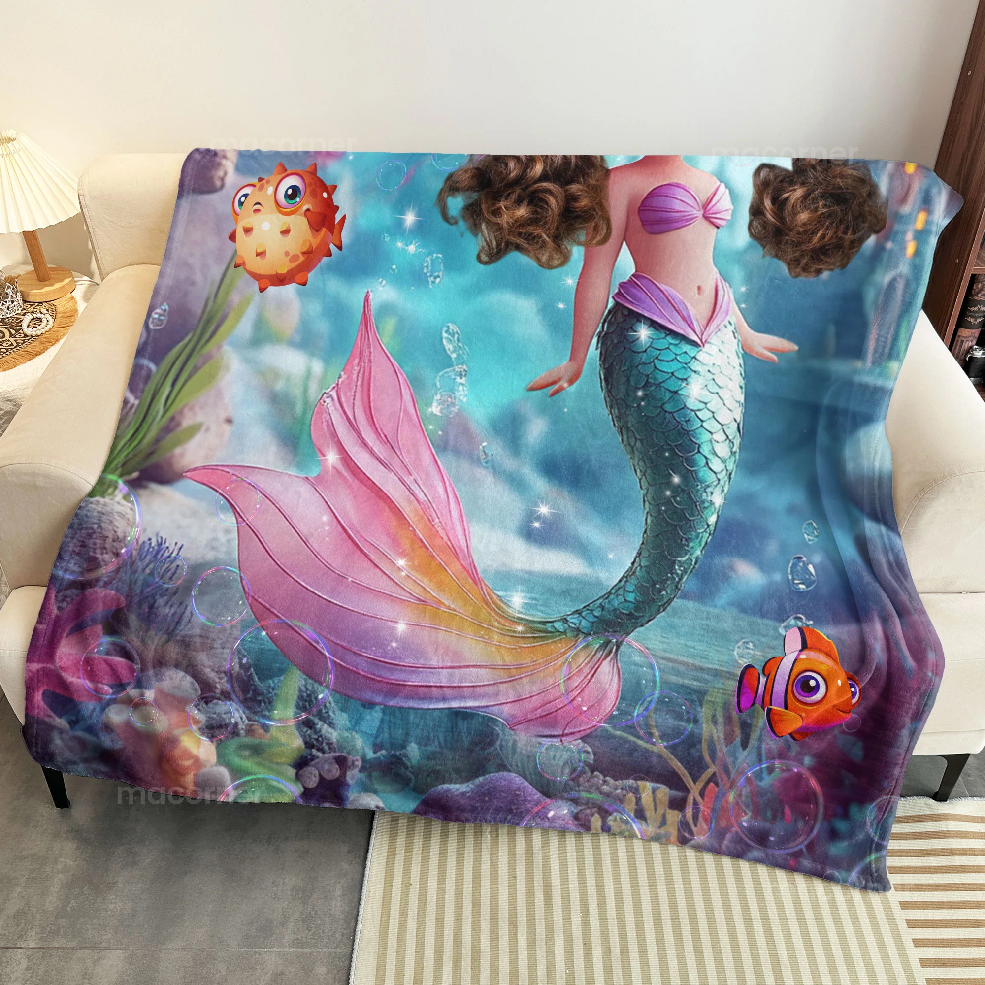 Mermaid Princess - Gifts For Daughters, Little Girls - Custom Name & Face - Personalized Photo Blanket - Image 5