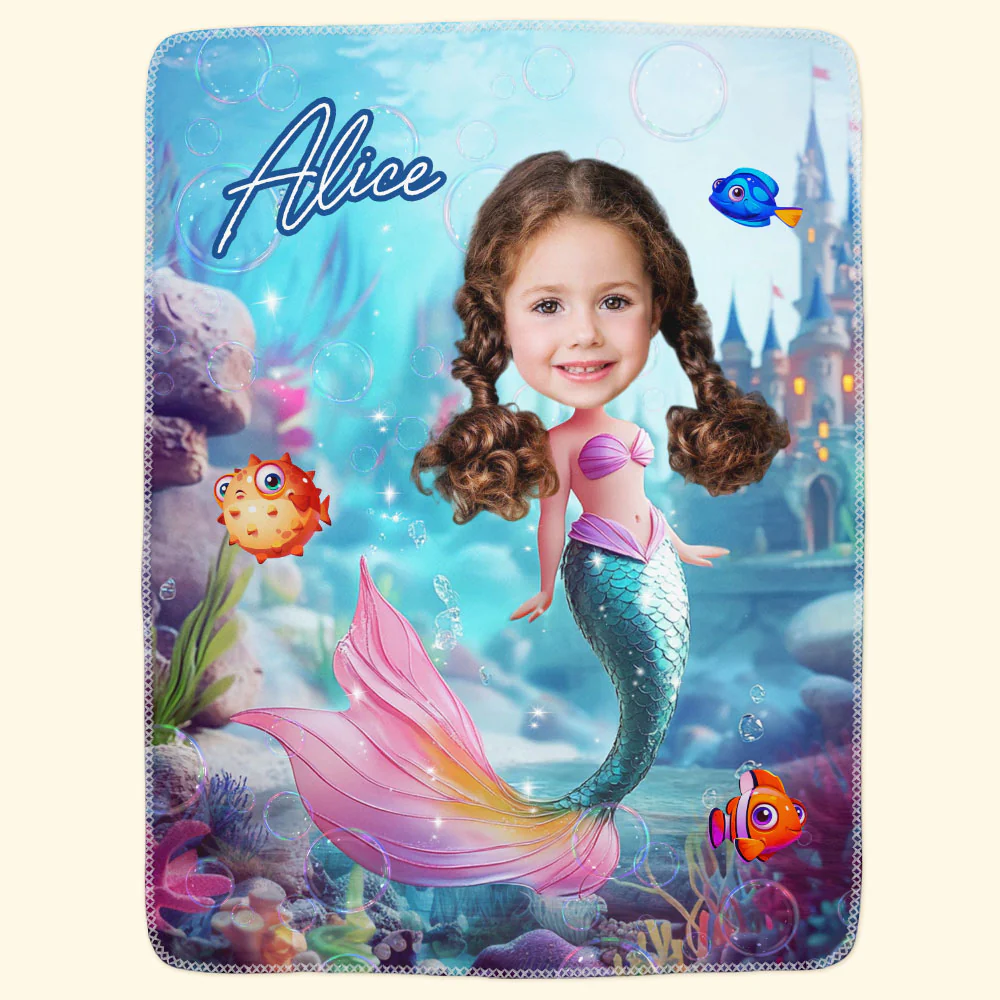 Mermaid Princess - Gifts For Daughters, Little Girls - Custom Name & Face - Personalized Photo Blanket - Image 6