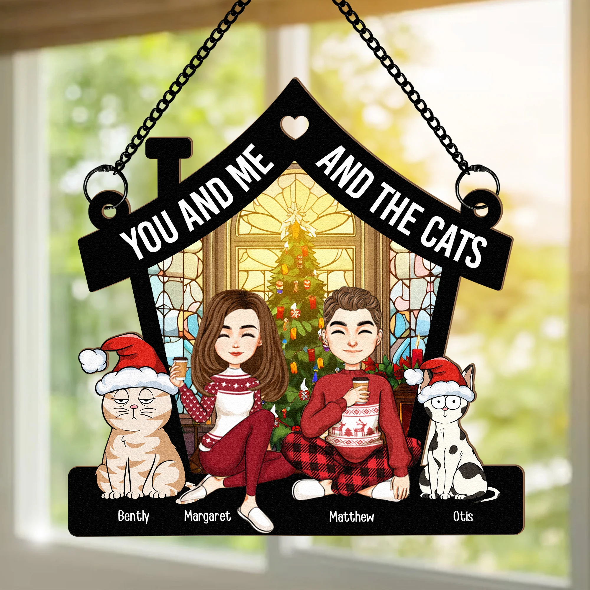 Merry Christmas Couple With Pets - Personalized Window Hanging Suncatcher Ornament - Image 3