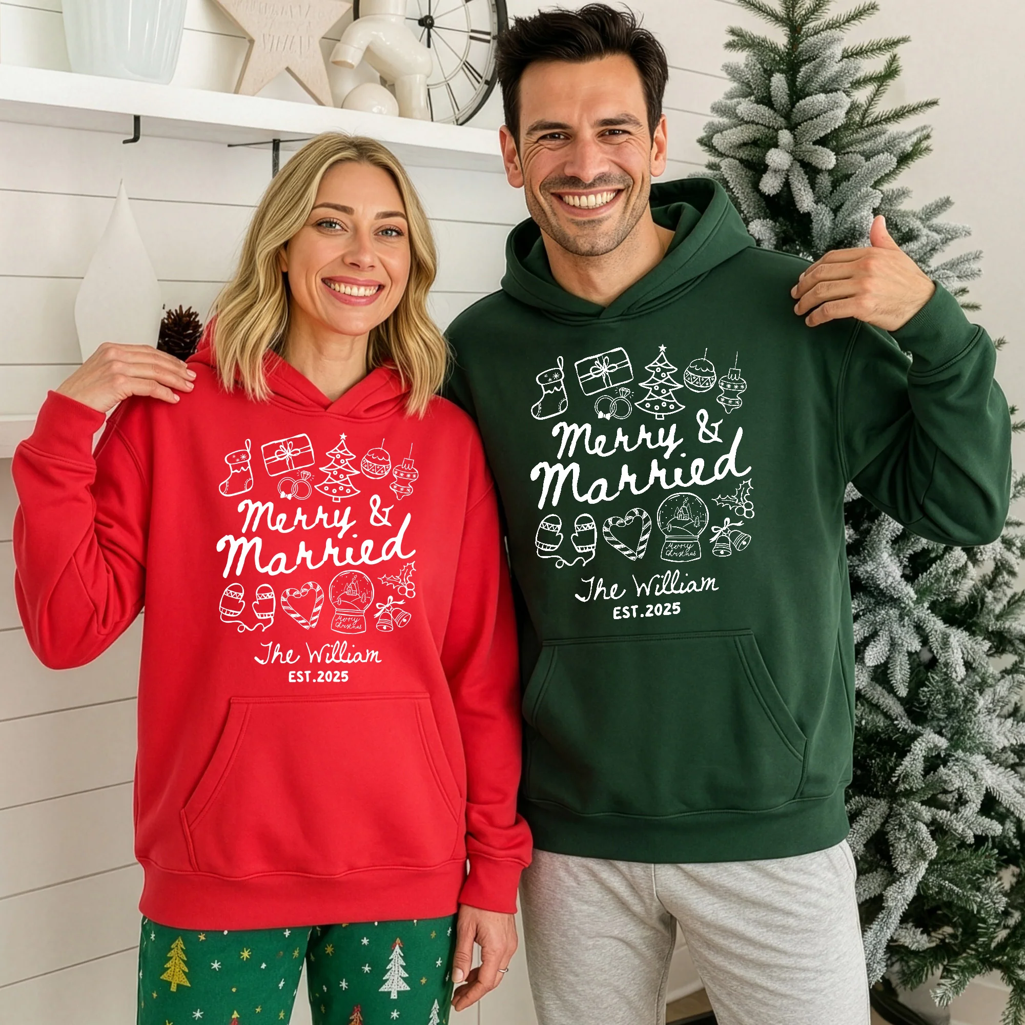 Merry & Married First Christmas As Mr & Mrs - Personalized Hoodie - Image 2
