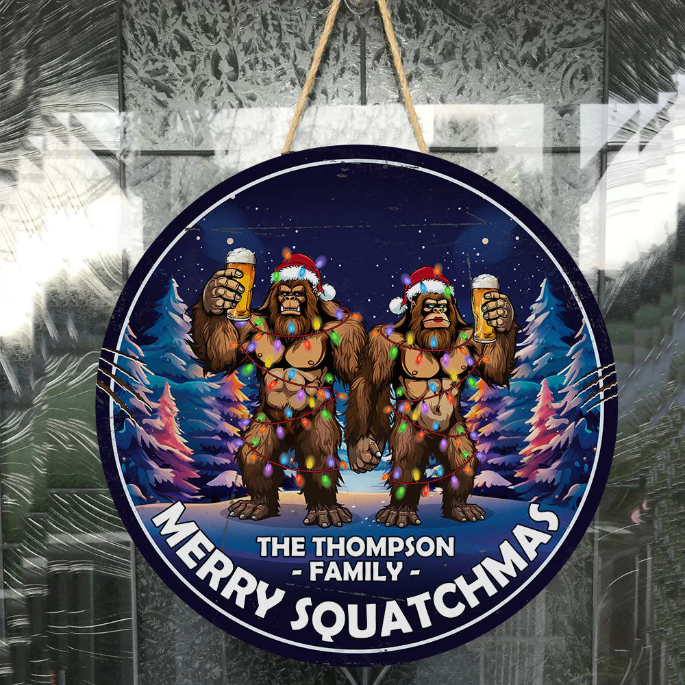 Merry Squatchmas Bigfoot Camping Christmas - Personalized Wood Wreath - Image 5