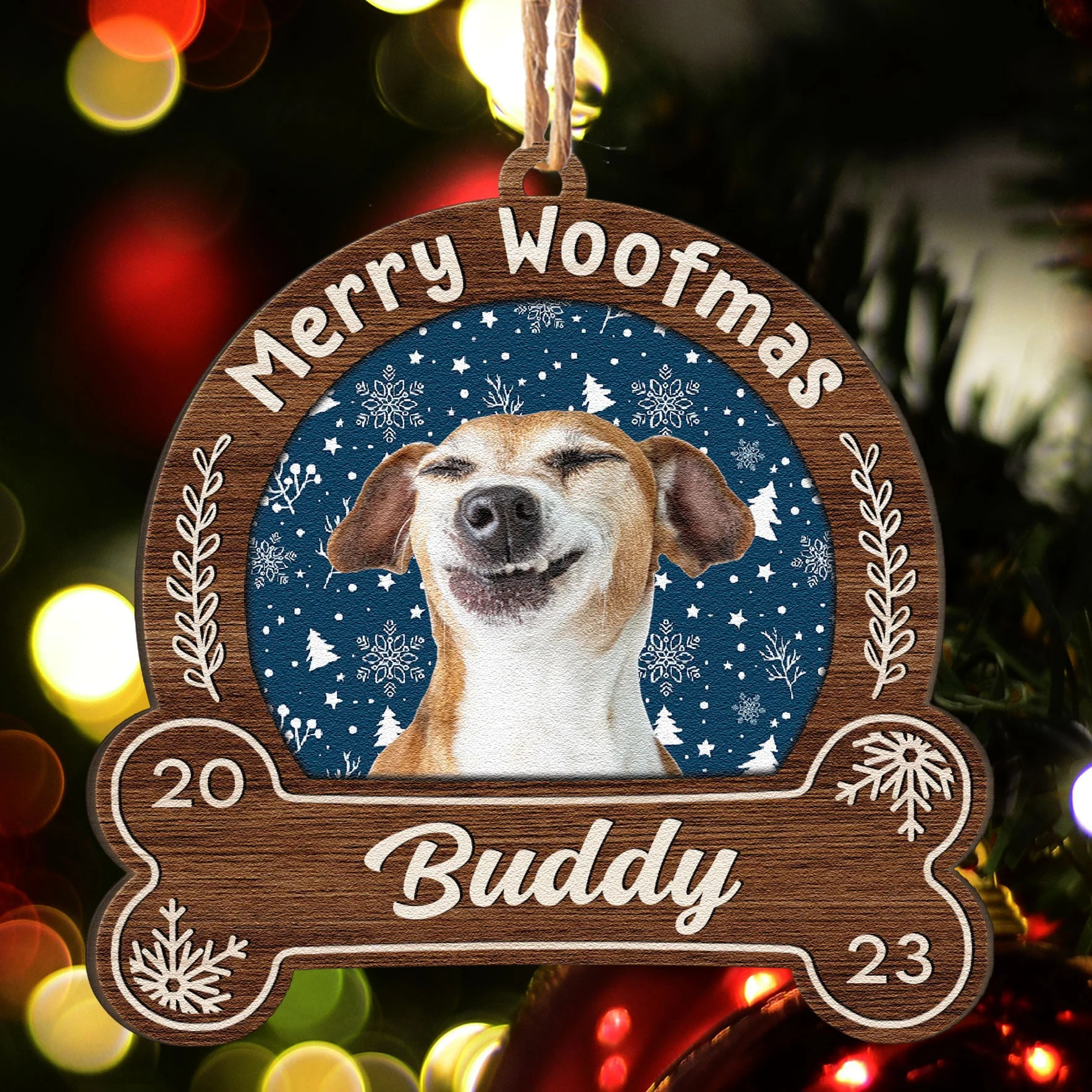 Merry Woofmas - Personalized Snowdome Shaped Wooden Ornament - Image 3