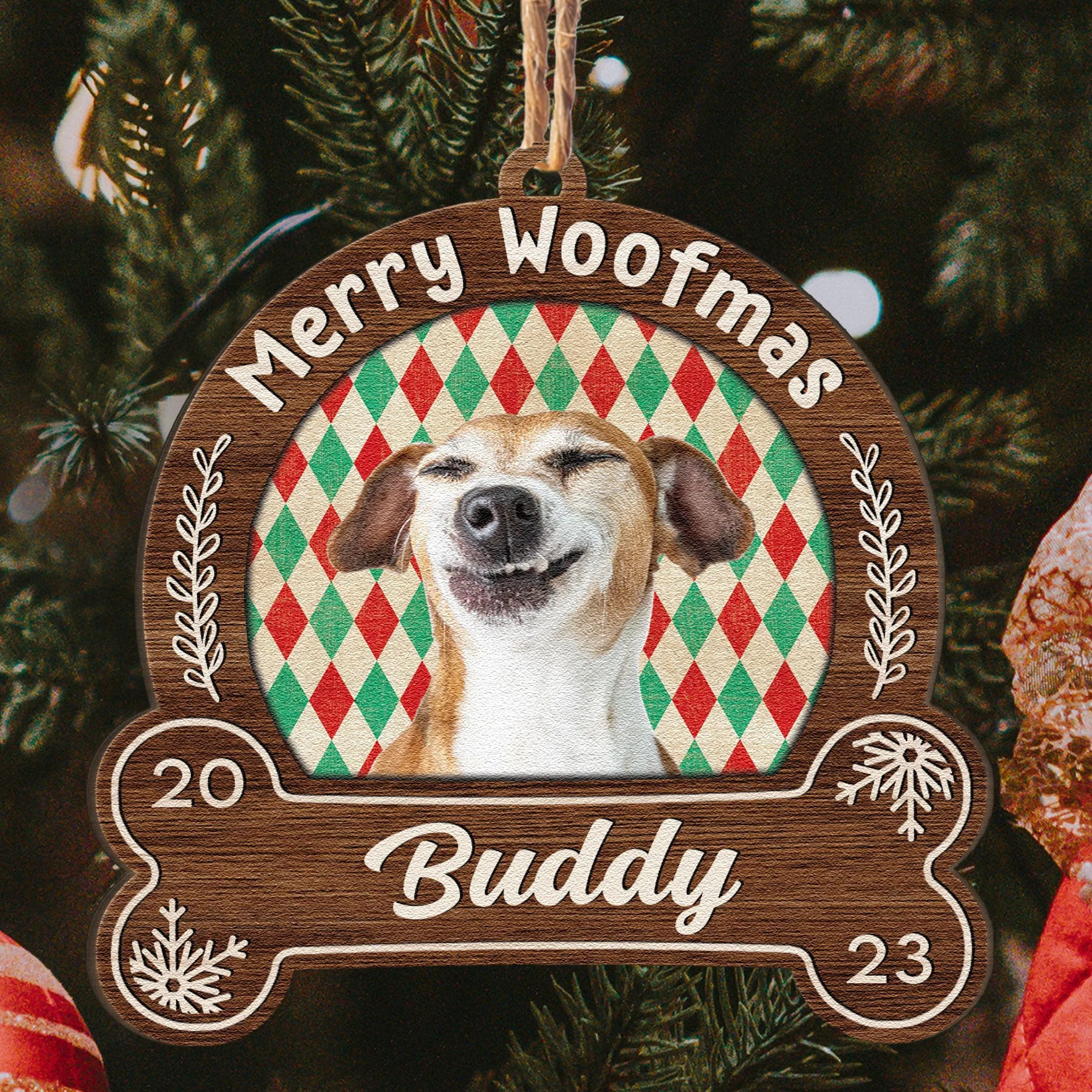 Merry Woofmas - Personalized Snowdome Shaped Wooden Ornament - Image 4