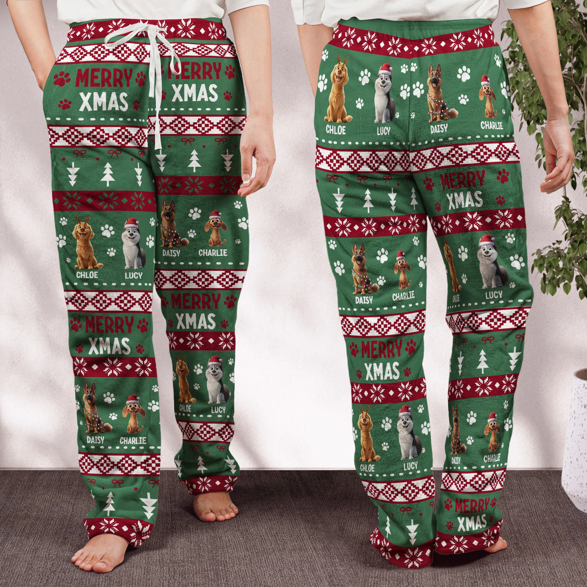Merry Xmas Meowy Catmas Merry Woofmas Dog Cat Lovers - Personalized Fleece Pajama Pants - Image 4