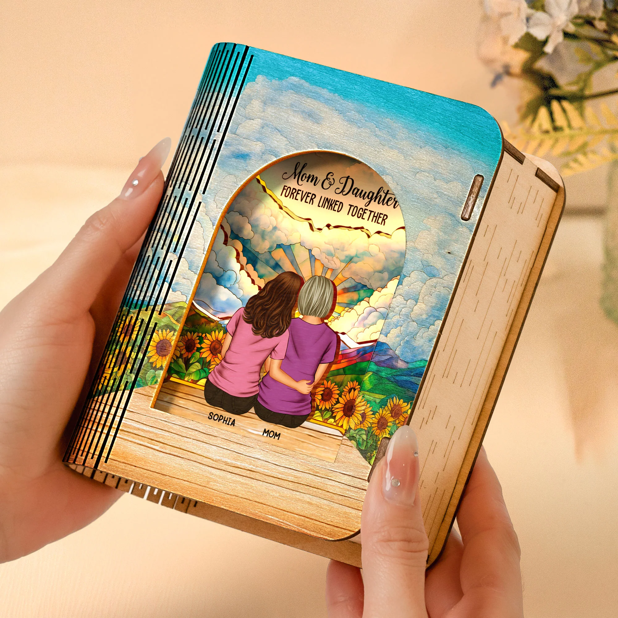 Mom And Daughters Forever Linked Together - Personalized 3D Wooden Puzzle Night Light - Image 4
