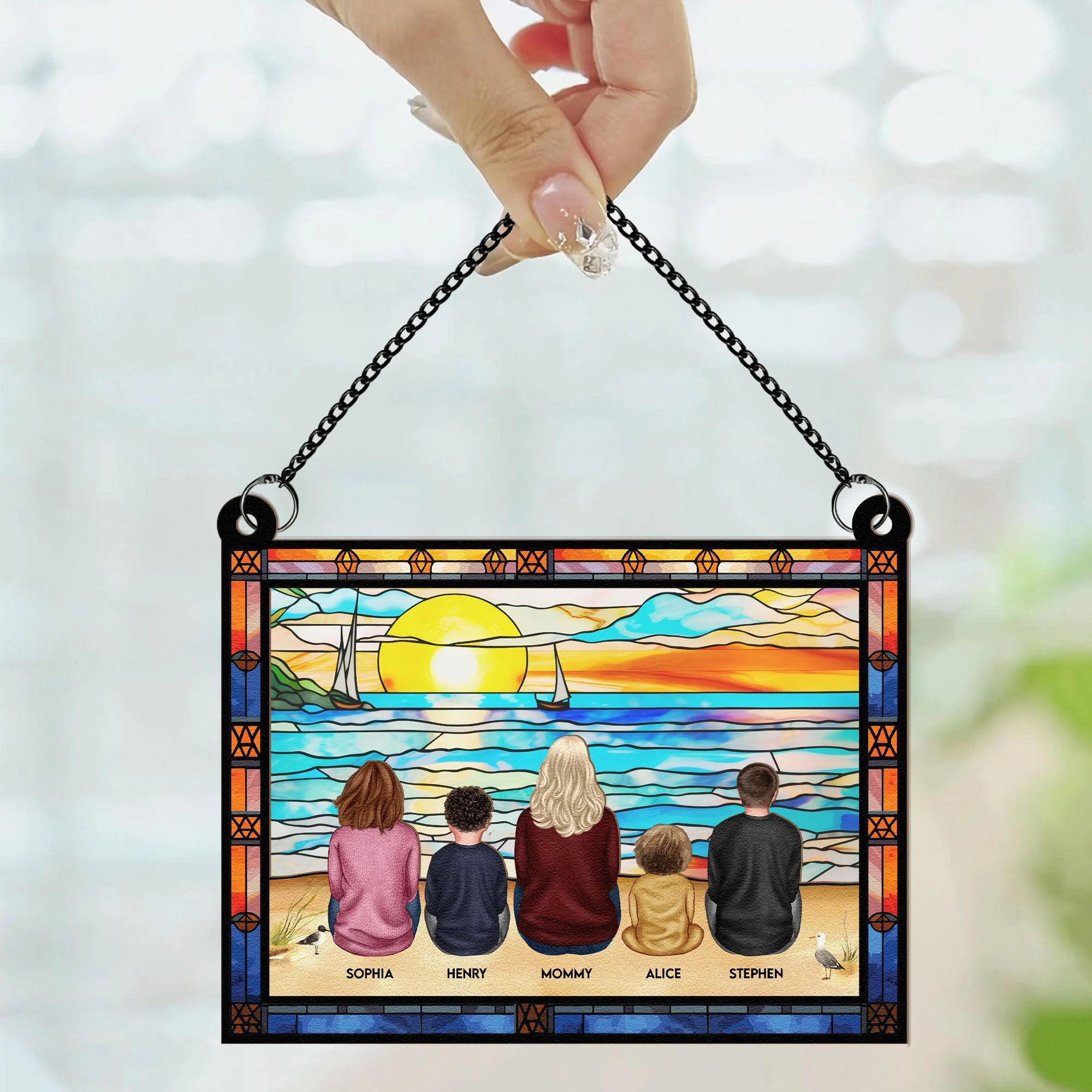 Mom & Children Sitting On The Beach - Personalized Window Hanging Suncatcher Ornament - Image 2