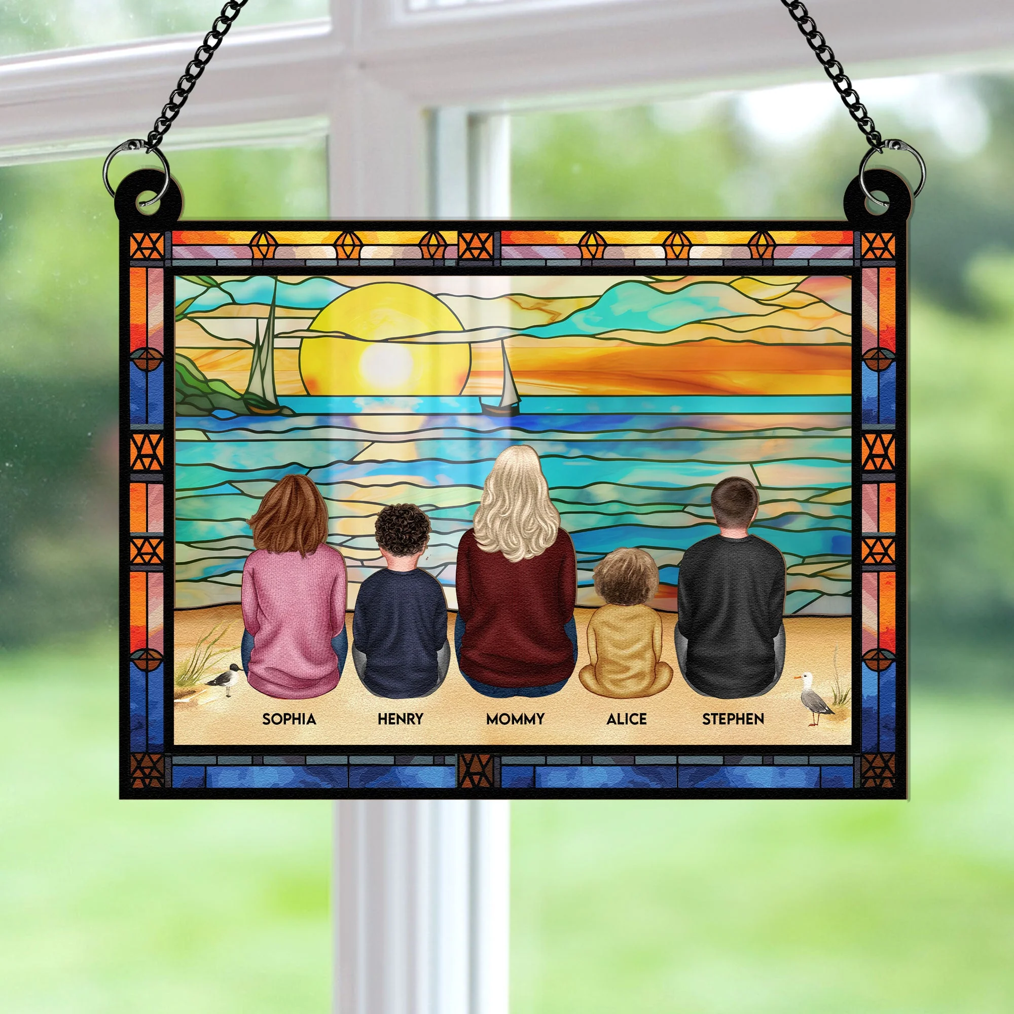 Mom & Children Sitting On The Beach - Personalized Window Hanging Suncatcher Ornament - Image 3